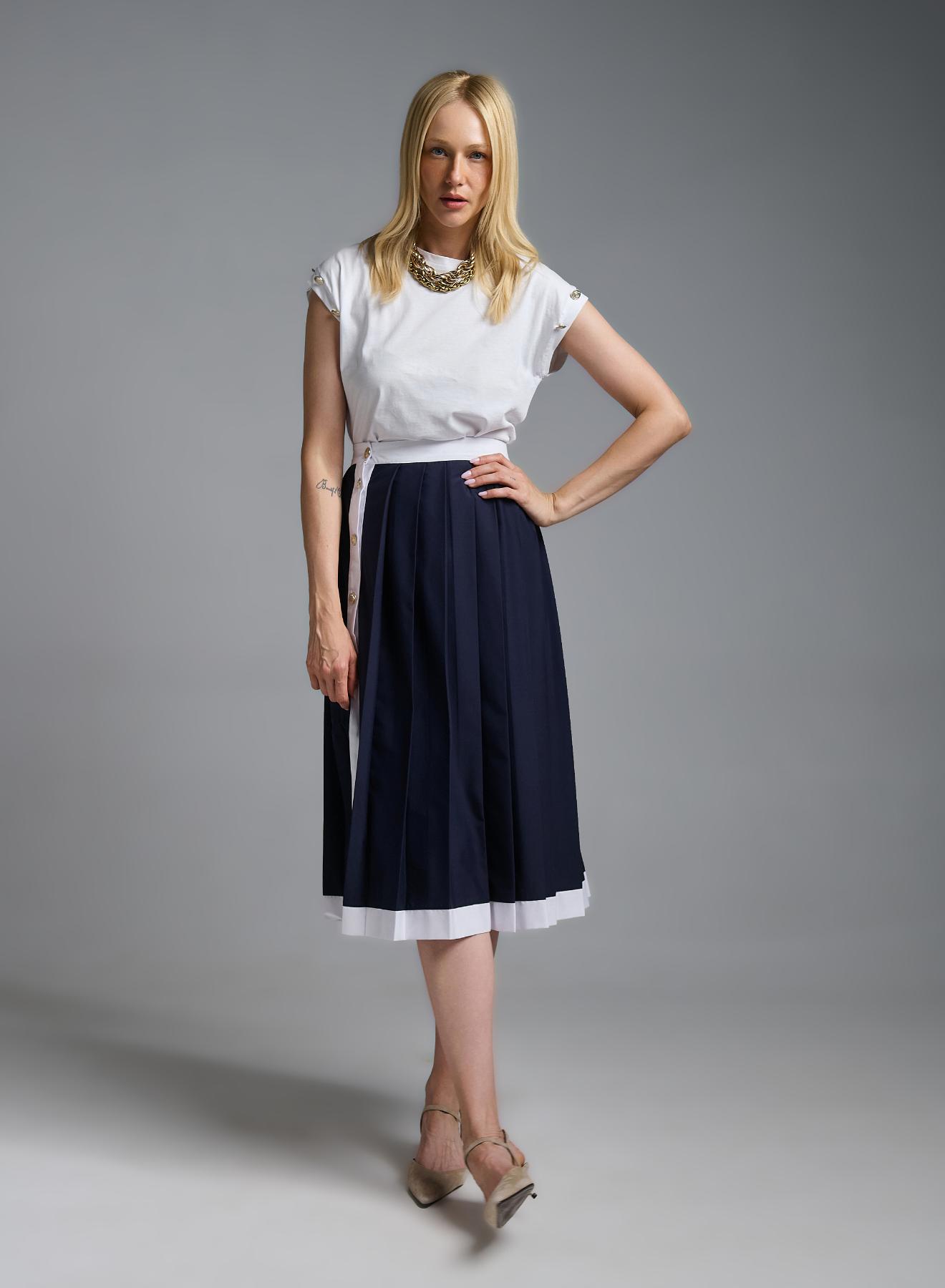 Navy Blue-White pleated Skirt with golden buttons Tensione In - 4