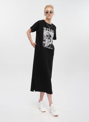 Μαύρο βαμβακερό Φόρεμα με τύπωμα και κοντά μανίκια Degrees - 33402