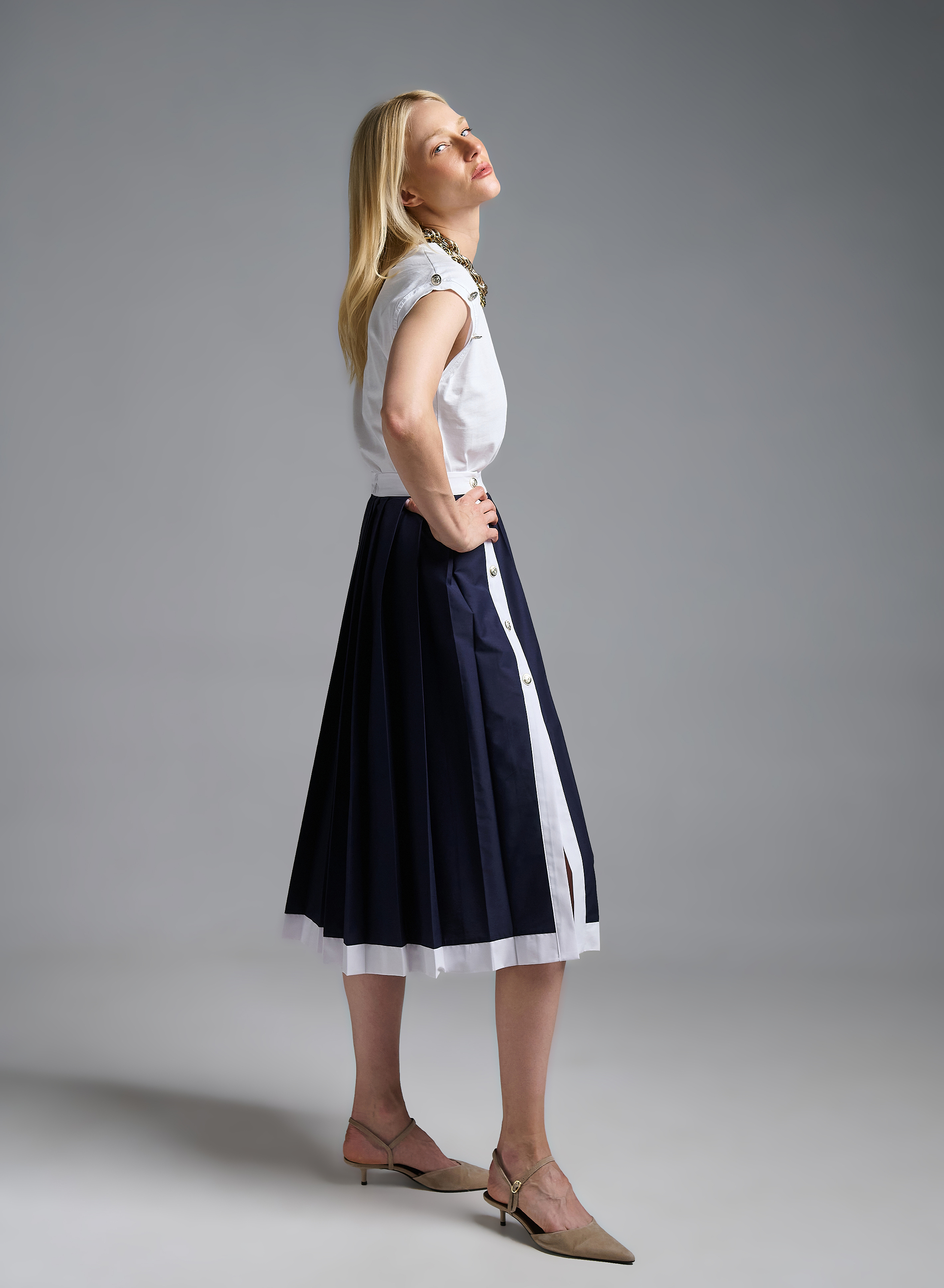 Navy Blue-White pleated Skirt with golden buttons Tensione In - 4