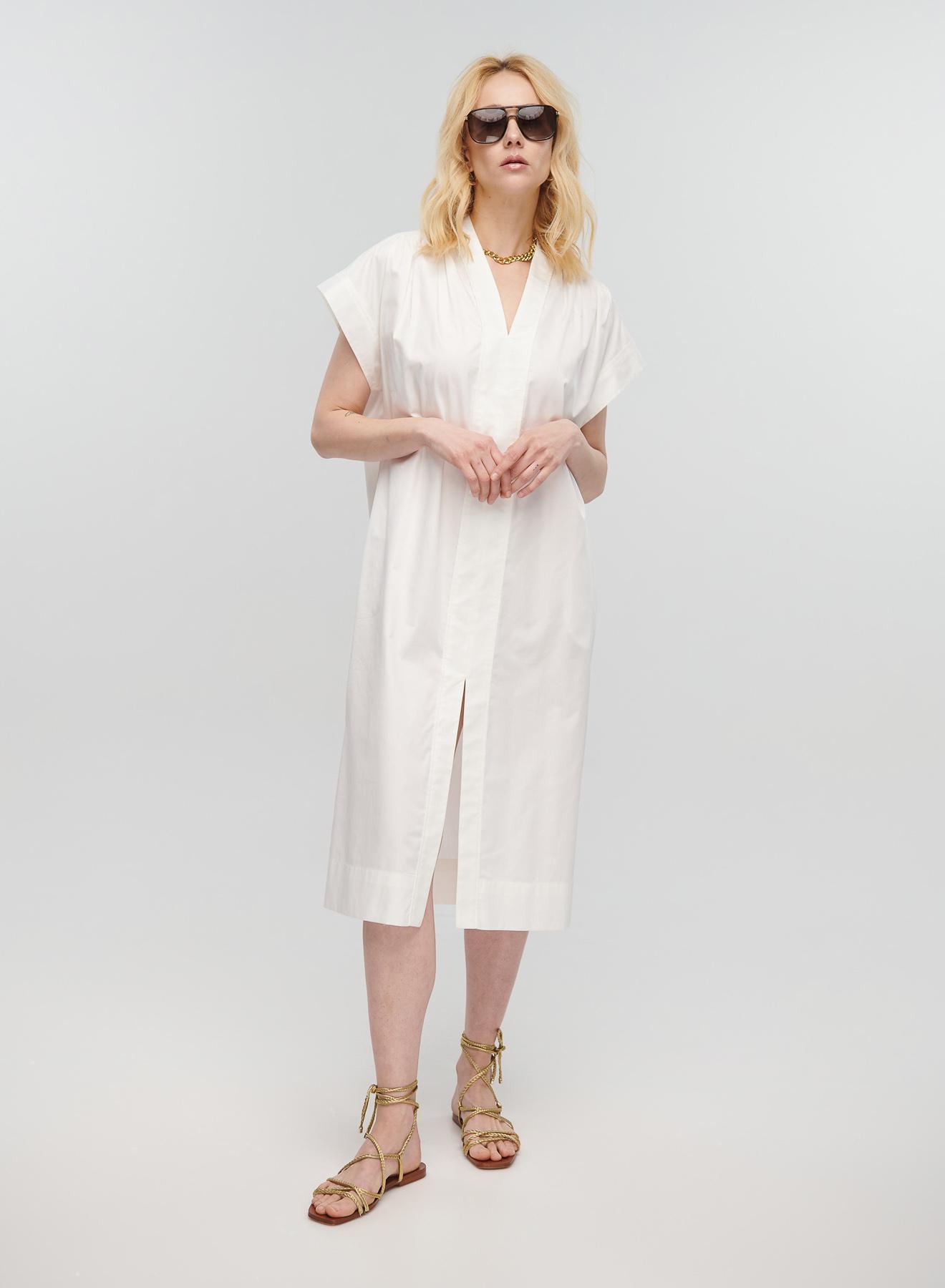 Λευκό μακρύ Φόρεμα αμάνικο με V λαιμόκοψη, ζώνη και σχισμή μπροστά Milla - 1