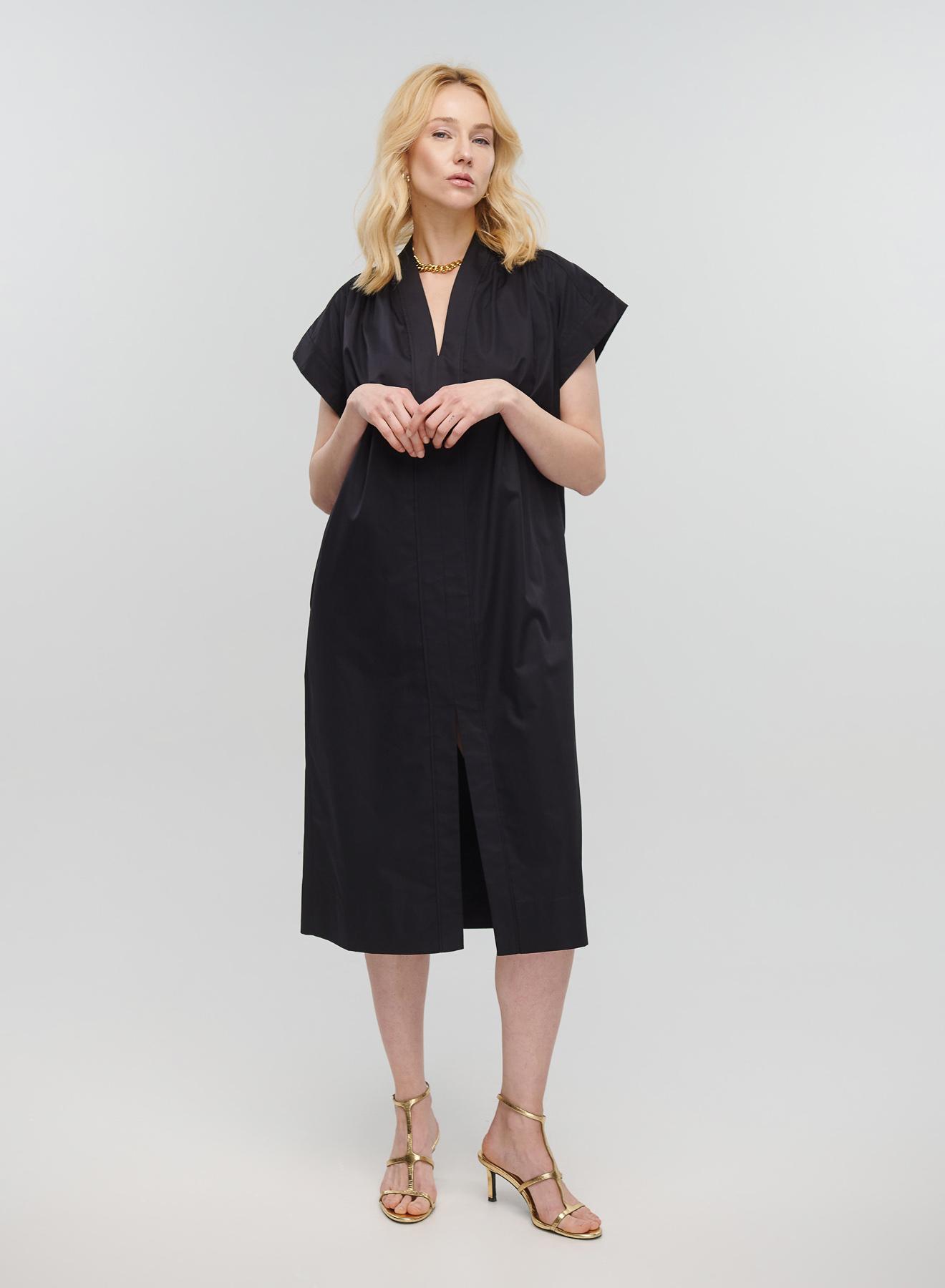 Μαύρο μακρύ Φόρεμα αμάνικο με V λαιμόκοψη, ζώνη και σχισμή μπροστά Milla - 3