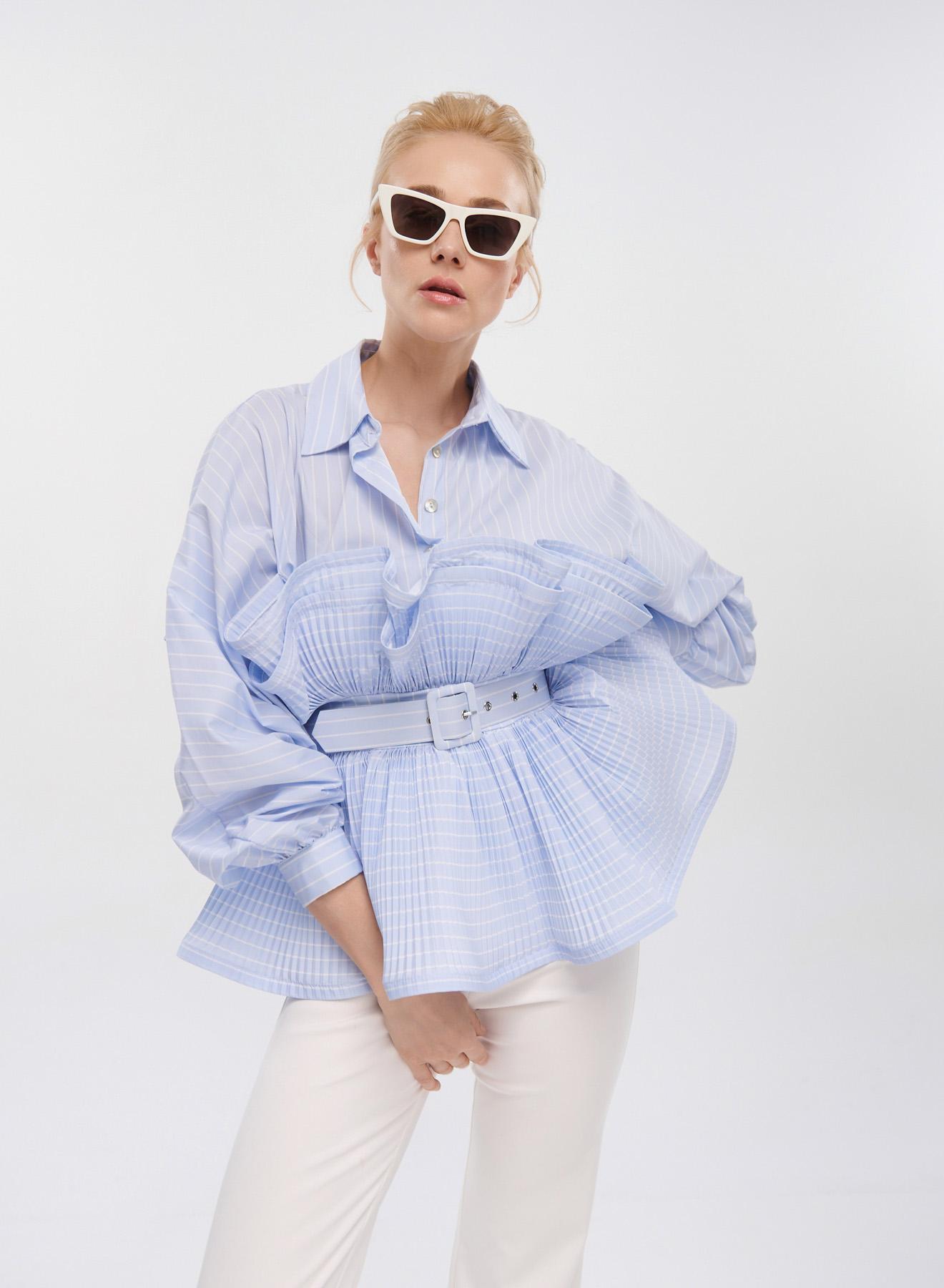 Light Blue-White striped Shirt with belt and frill at the waist Vicolo - 1