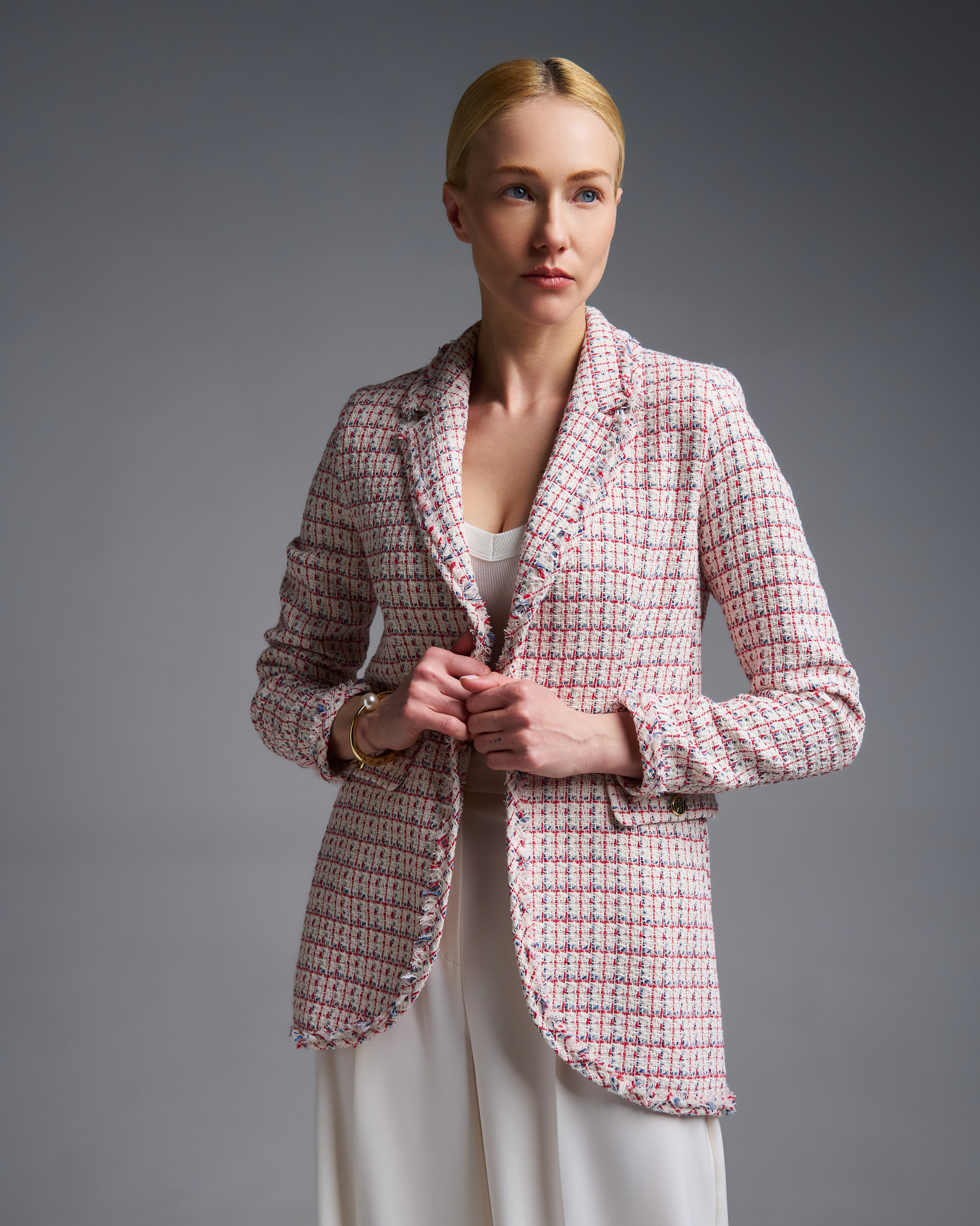 Ecru-Red plaid tweed single buttoned Jacket Emme Marella - 5