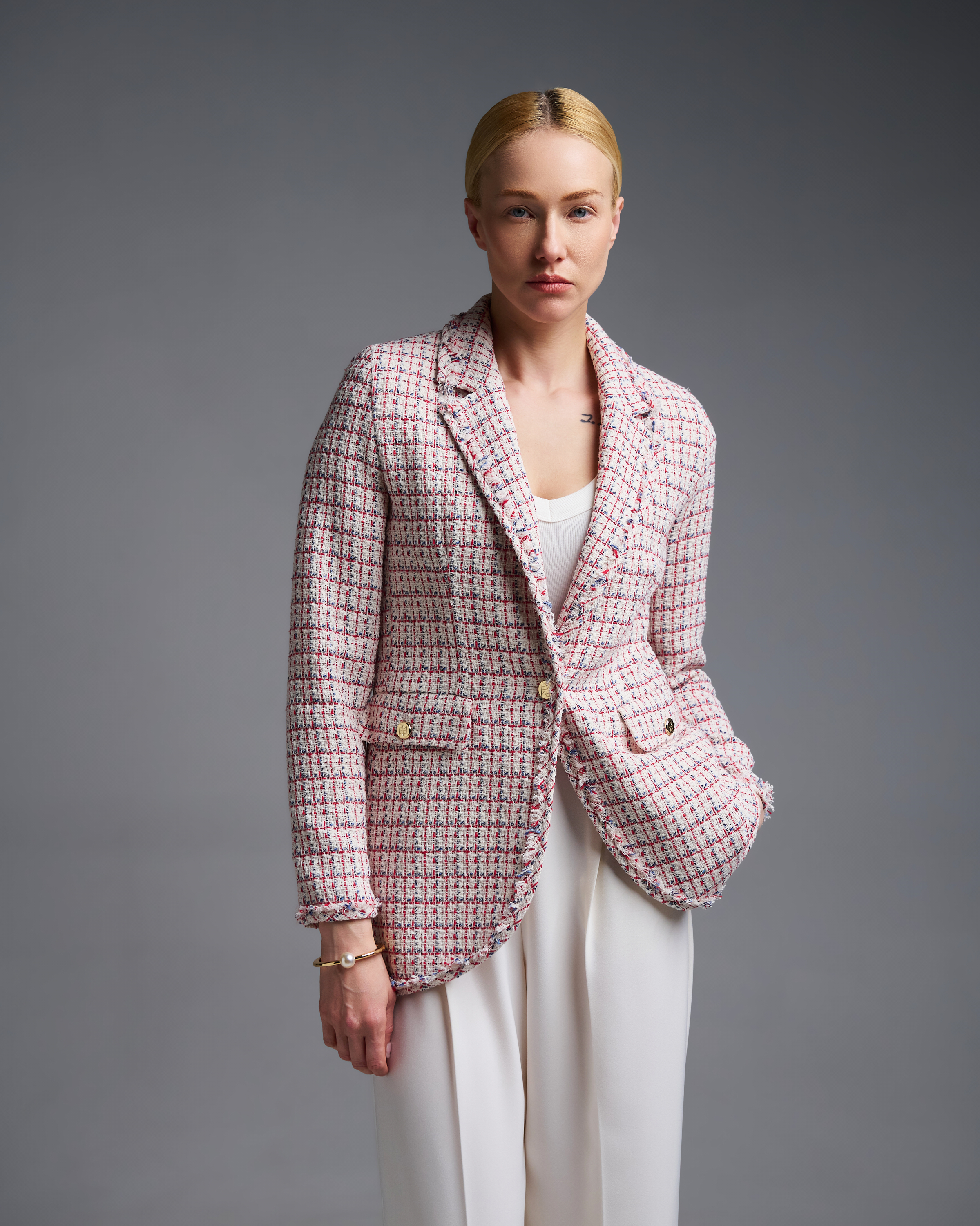 Ecru-Red plaid tweed single buttoned Jacket Emme Marella - 1