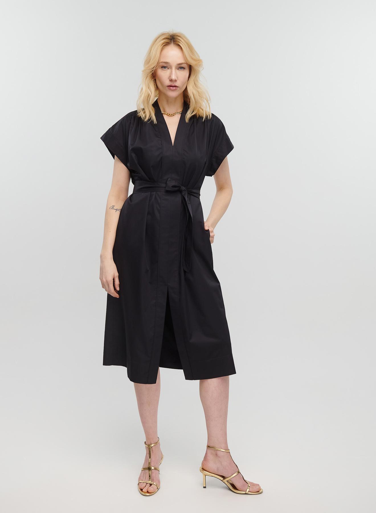 Μαύρο μακρύ Φόρεμα αμάνικο με V λαιμόκοψη, ζώνη και σχισμή μπροστά Milla - 1