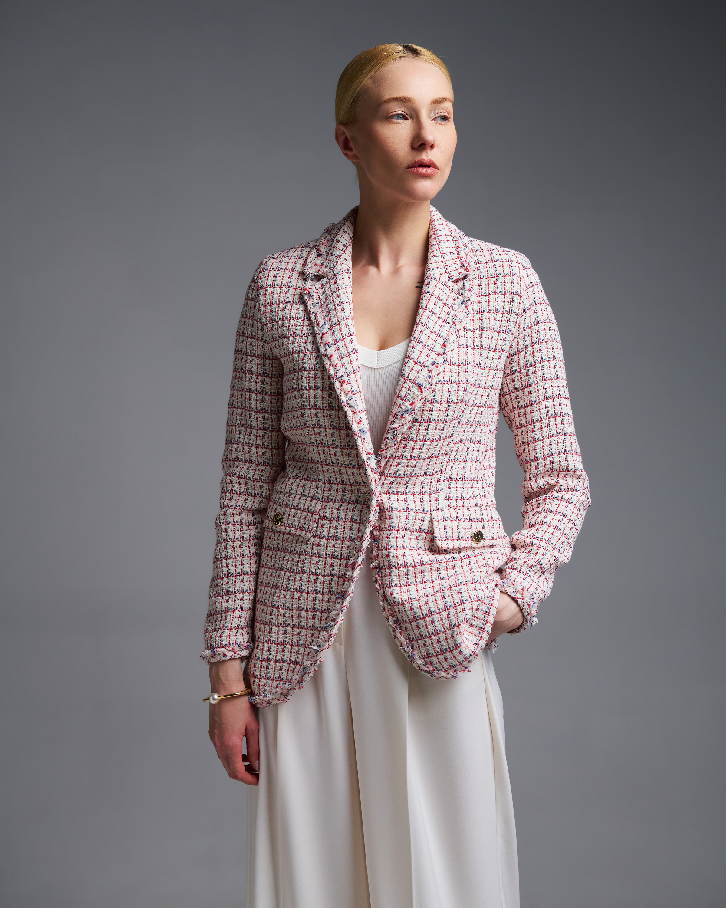 Ecru-Red plaid tweed single buttoned Jacket Emme Marella - 6