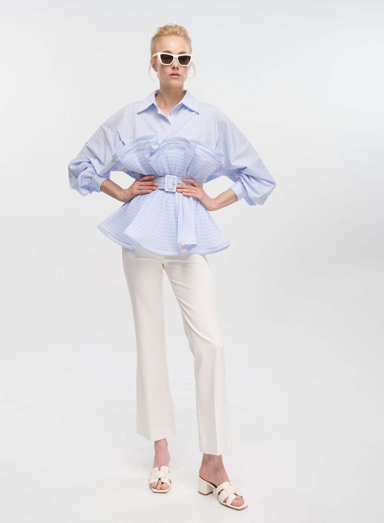 Light Blue-White striped Shirt with belt and frill at the waist Vicolo - 5