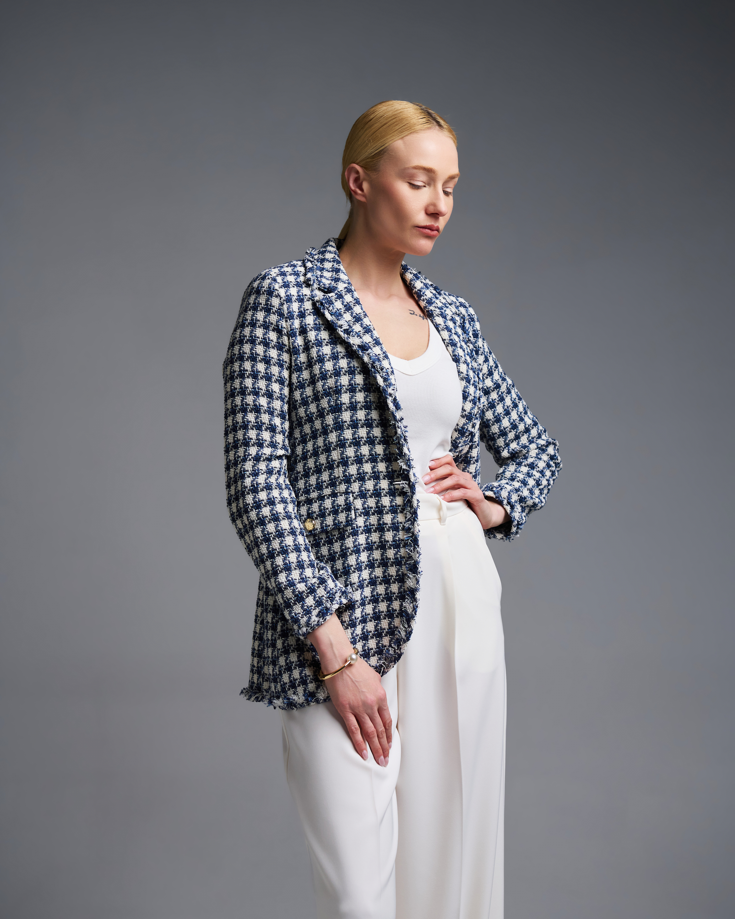 Ecru-Blue plaid tweed single buttoned Jacket Emme Marella - 1