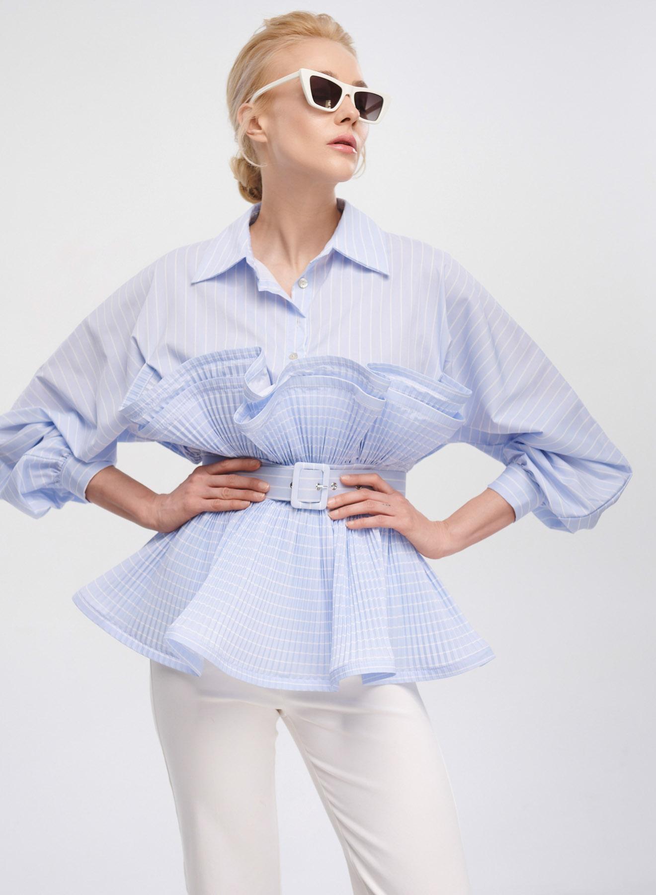 Light Blue-White striped Shirt with belt and frill at the waist Vicolo - 5