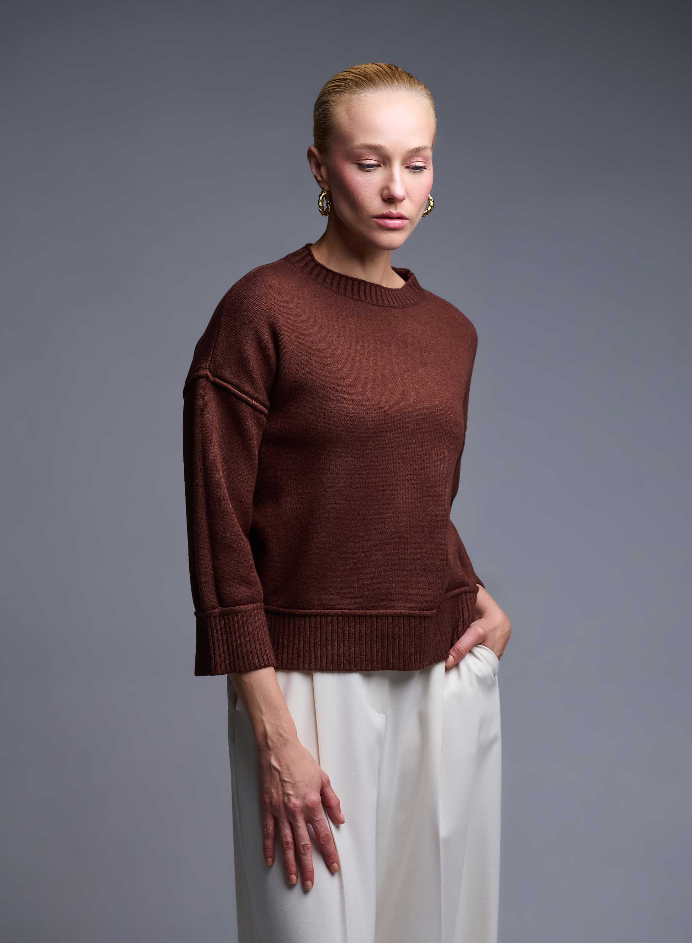 Brown Sweater with round neckline and with three quarters sleeves Valentina Milano - 0
