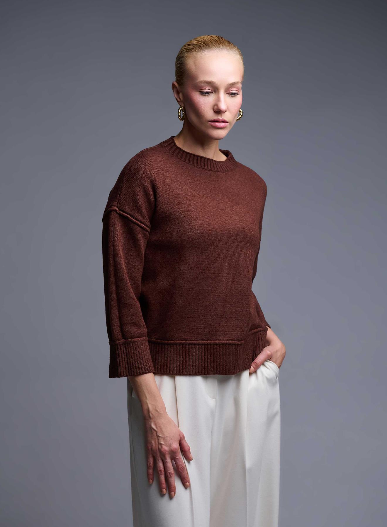 Brown Sweater with round neckline and with three quarters sleeves Valentina Milano - 1