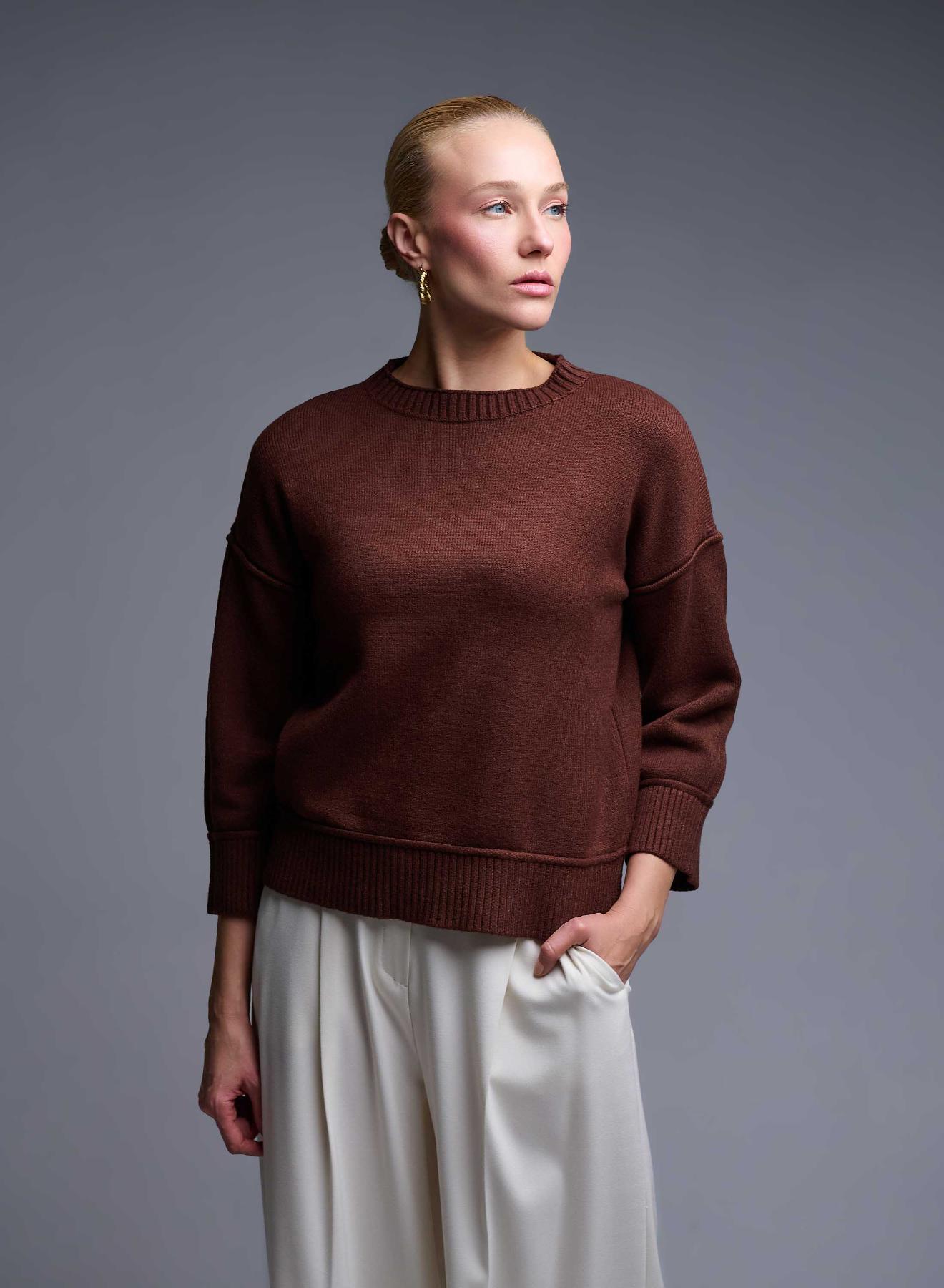 Brown Sweater with round neckline and with three quarters sleeves Valentina Milano - 2