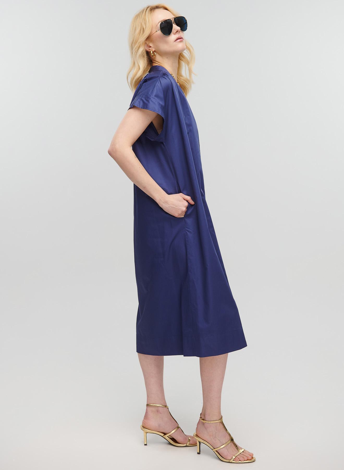 Navy Blue long sleeveless Dress with V neckline, belt and front slit Milla - 3