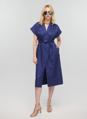 Navy Blue long sleeveless Dress with V neckline, belt and front slit Milla - 31240