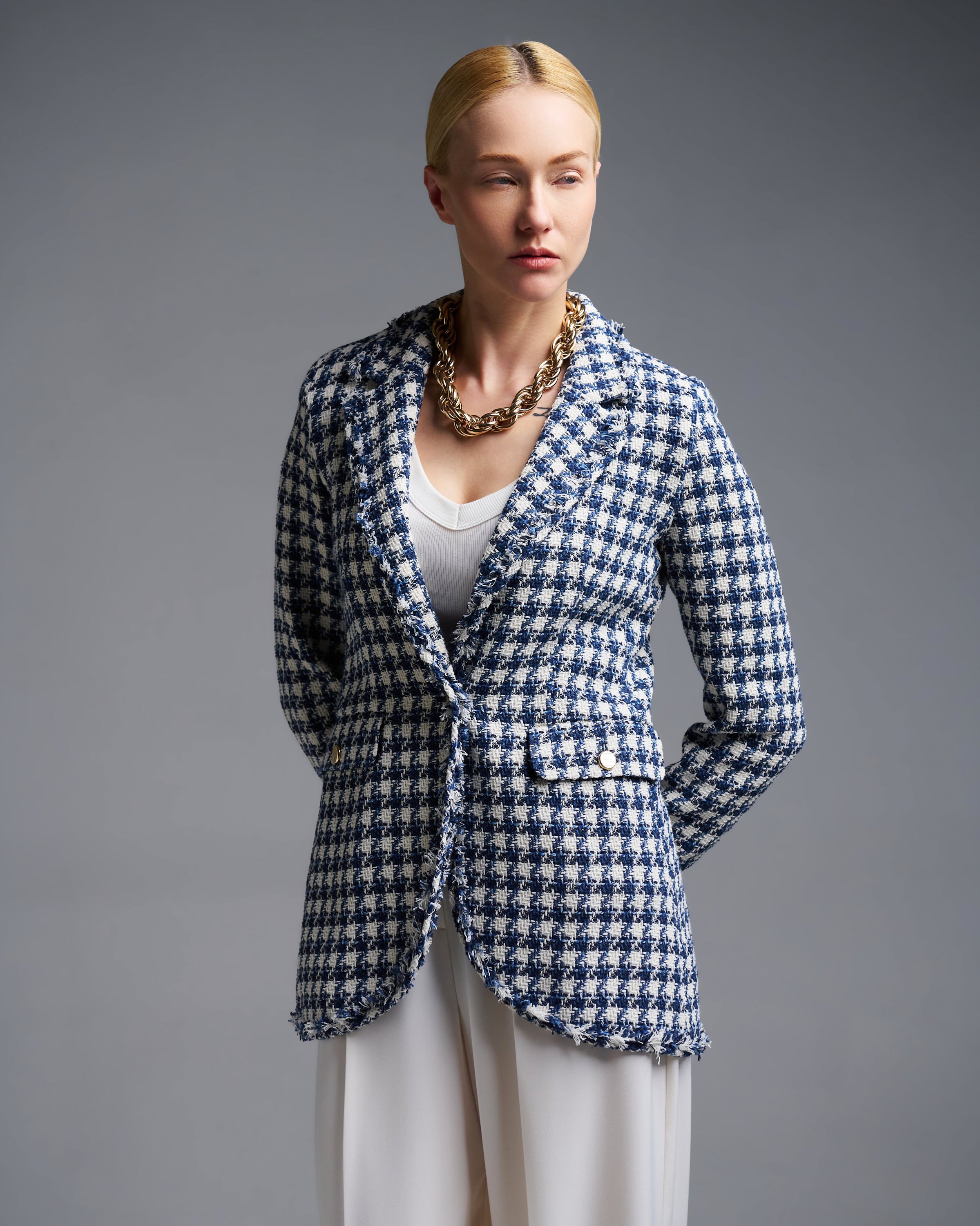Ecru-Blue plaid tweed single buttoned Jacket Emme Marella - 0