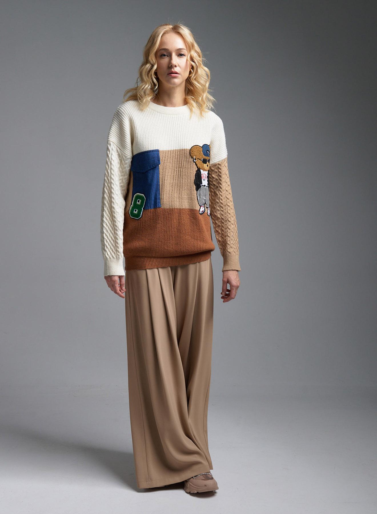 Ecru-Camel-Brown Sweater with round neckline and with decorative patches Jean Louis Francoise - 5