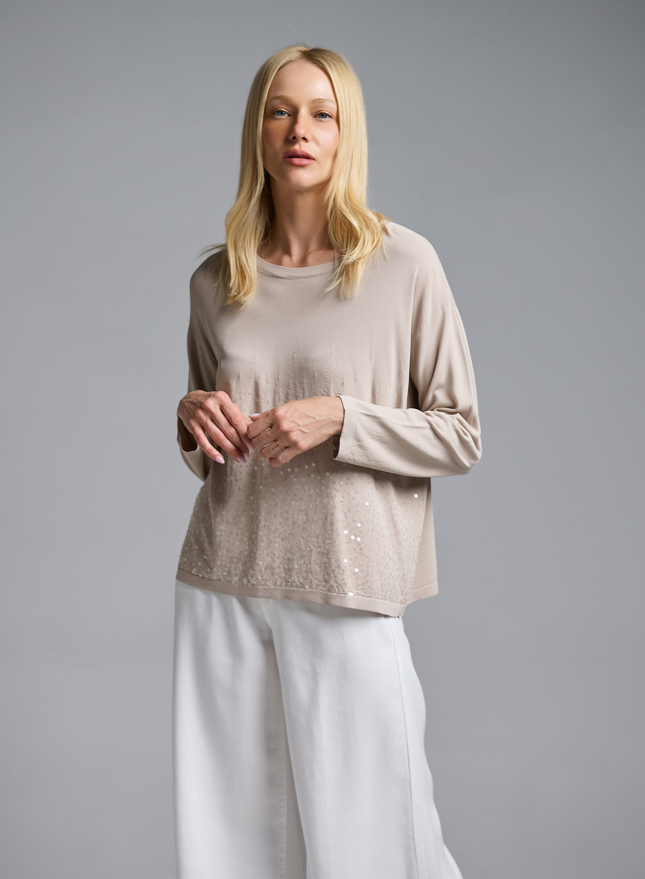 Beige knitted Blouse with long sleeves and with sequins Valentina Milano - 0