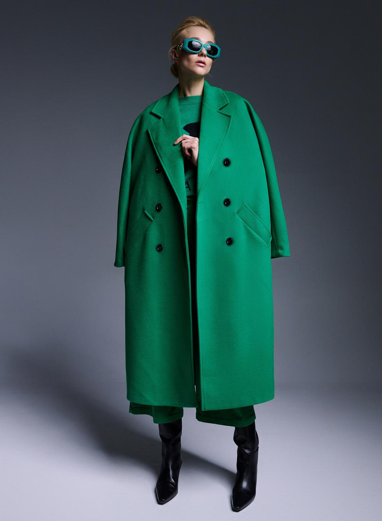 Long oversized solid-colour double-breasted coat with belt - 1