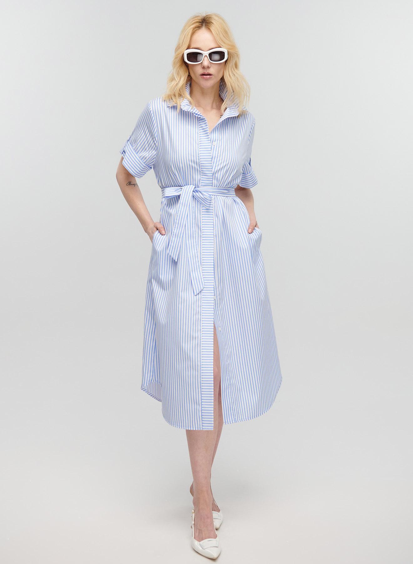 Γαλάζιο-Λευκό Φόρεμα σεμιζιέ με ρίγες και ζώνη Milla - 4