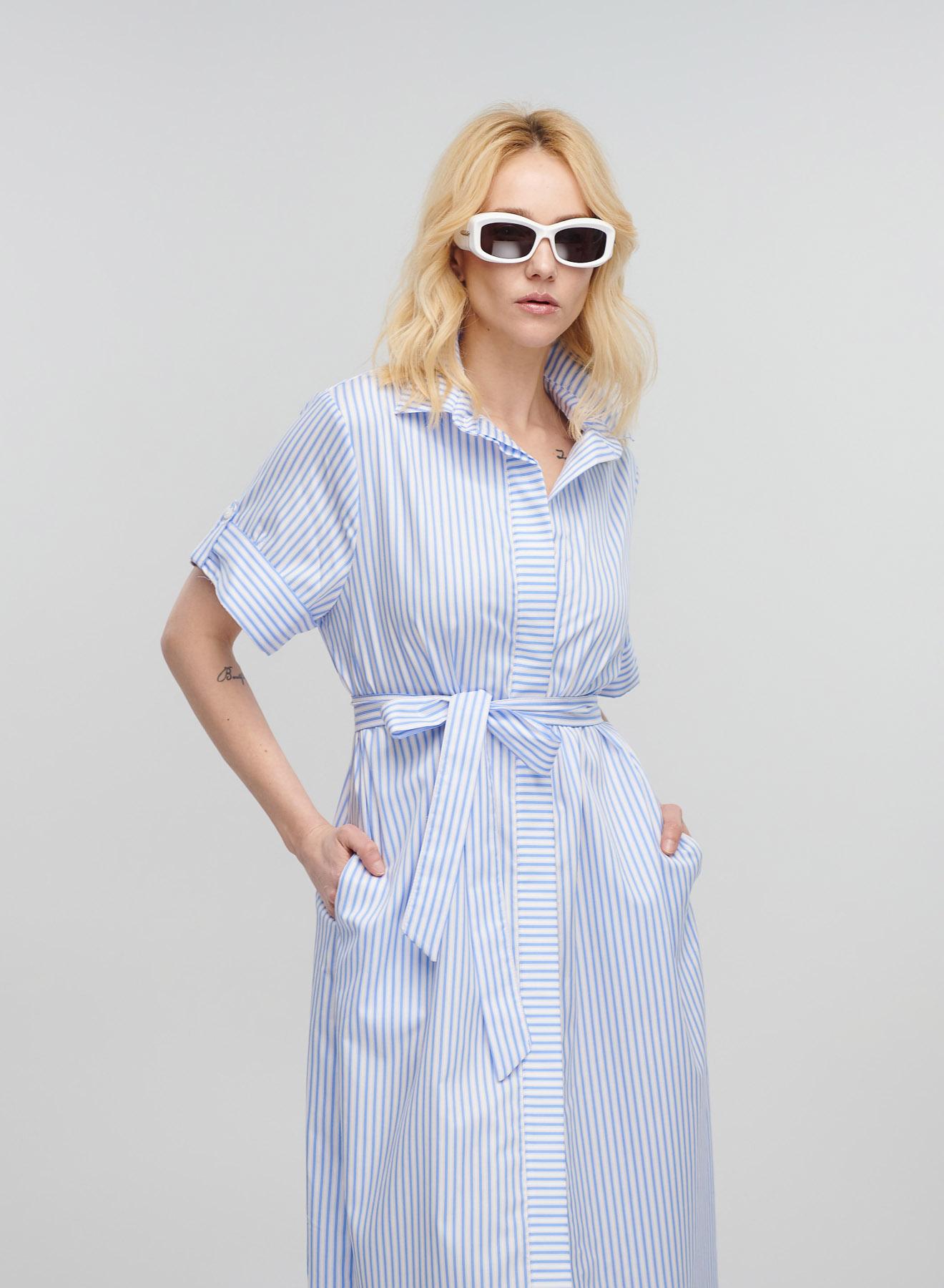 Γαλάζιο-Λευκό Φόρεμα σεμιζιέ με ρίγες και ζώνη Milla - 5