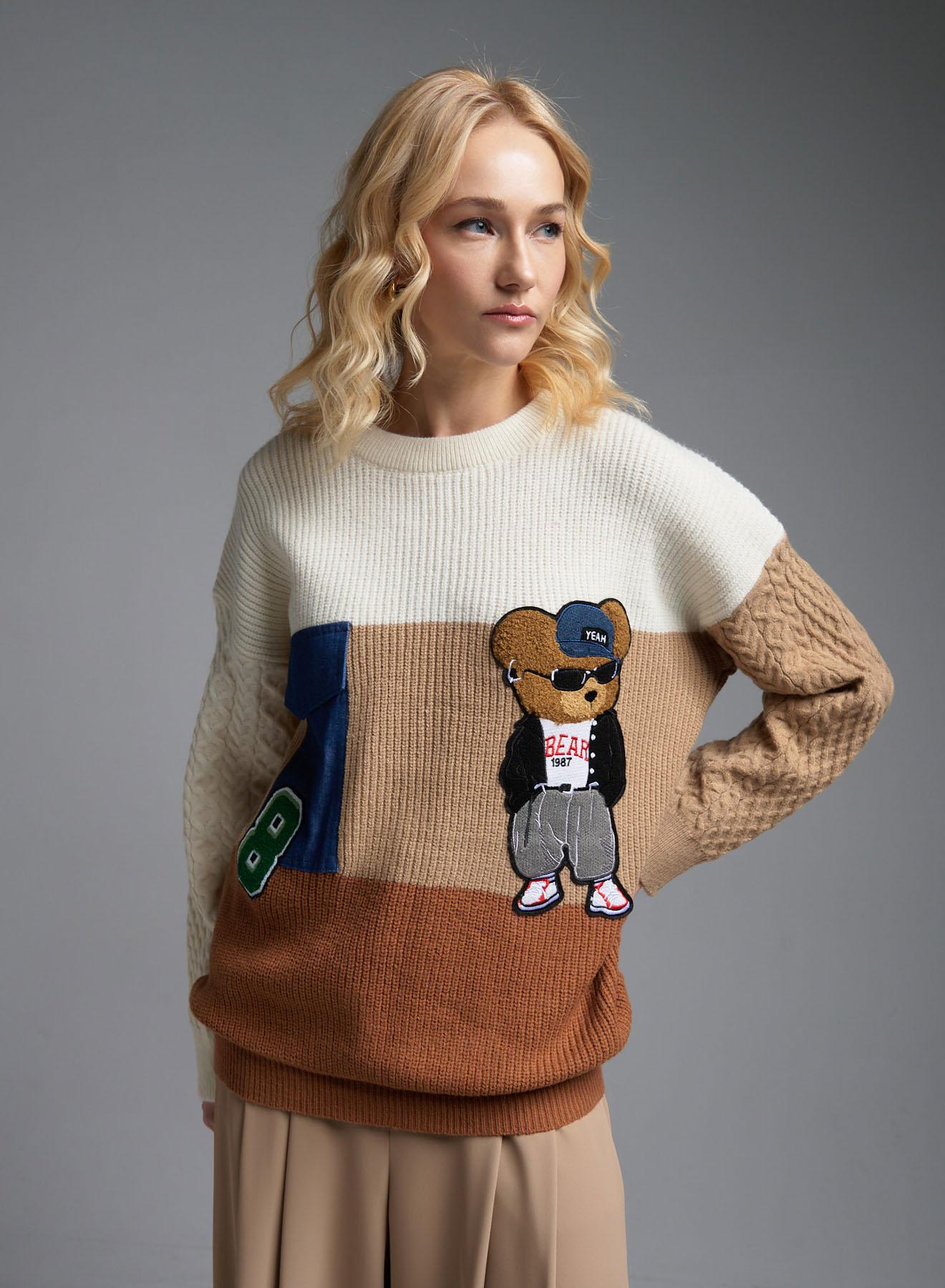 Ecru-Camel-Brown Sweater with round neckline and with decorative patches Jean Louis Francoise - 1