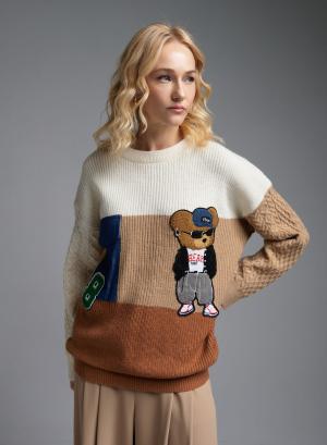 Ecru-Camel-Brown Sweater with round neckline and with decorative patches Jean Louis Francoise - 37074