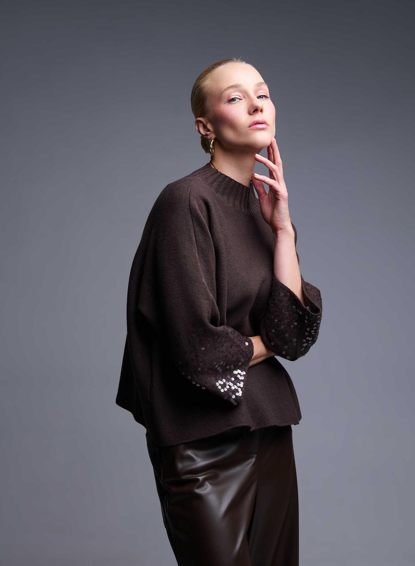 Brown Sweater with three quarters sleeves with sequins Valentina Milano - 1
