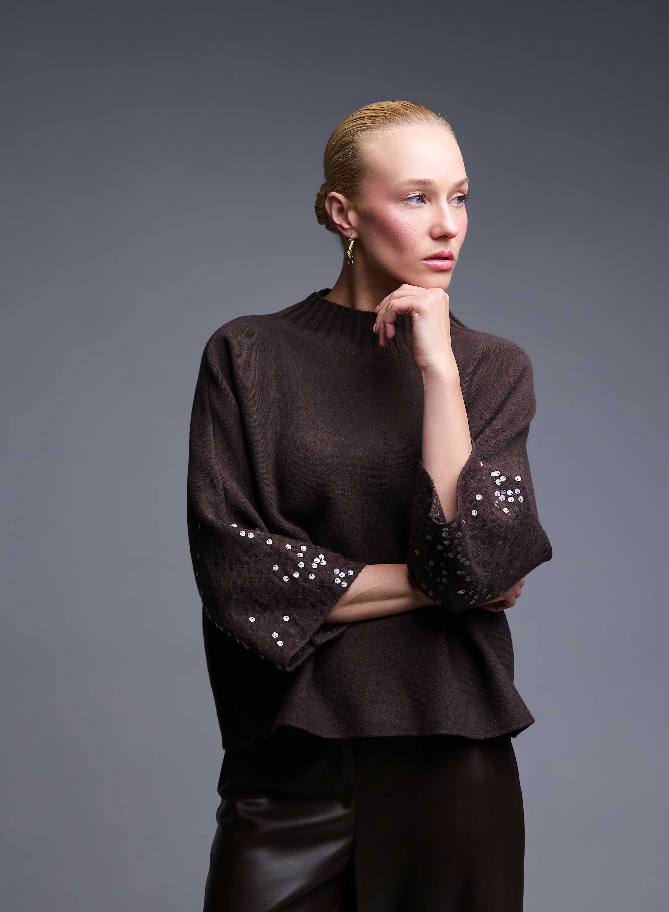 Brown Sweater with three quarters sleeves with sequins Valentina Milano - 1