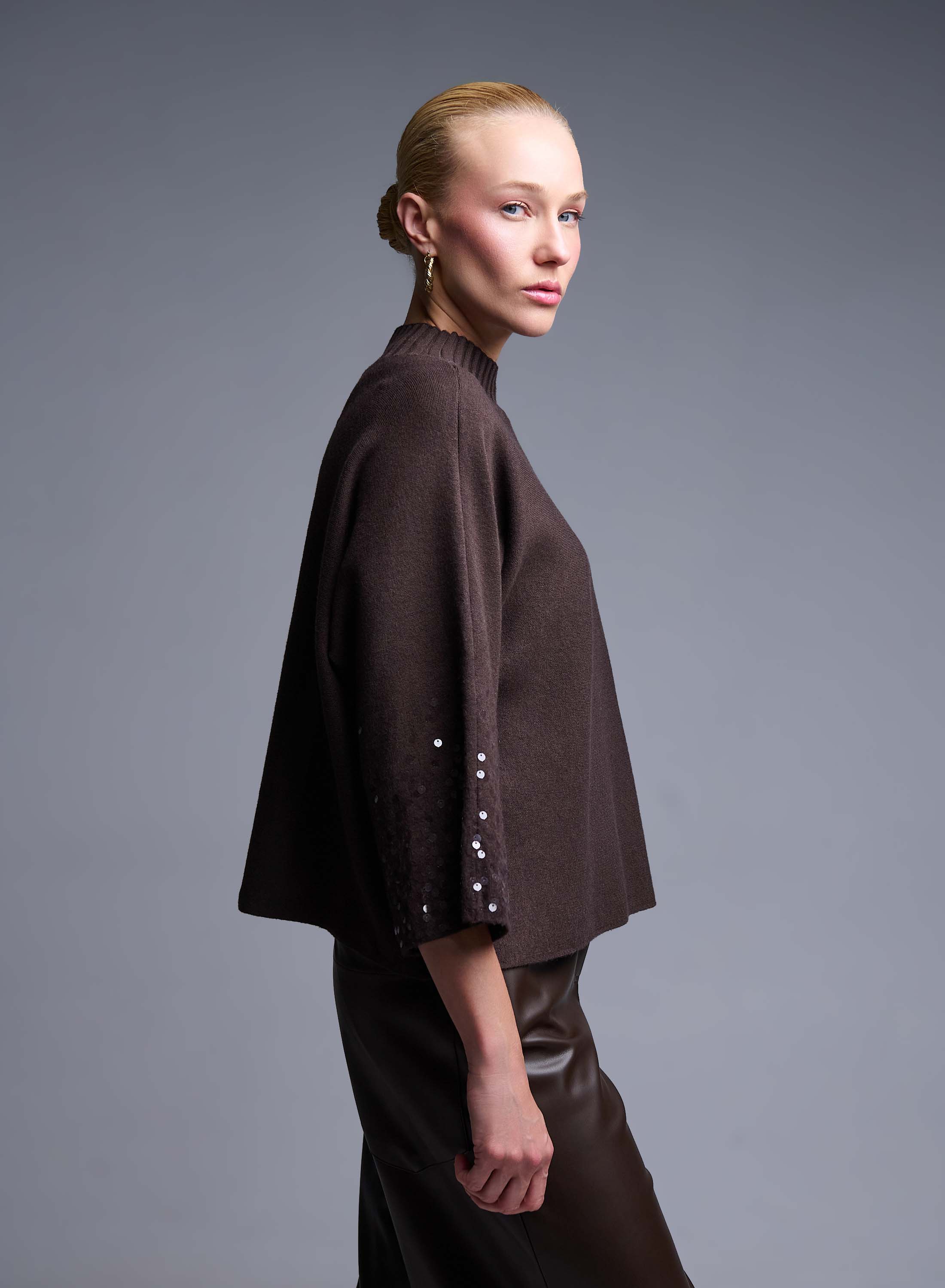 Brown Sweater with three quarters sleeves with sequins Valentina Milano - 3