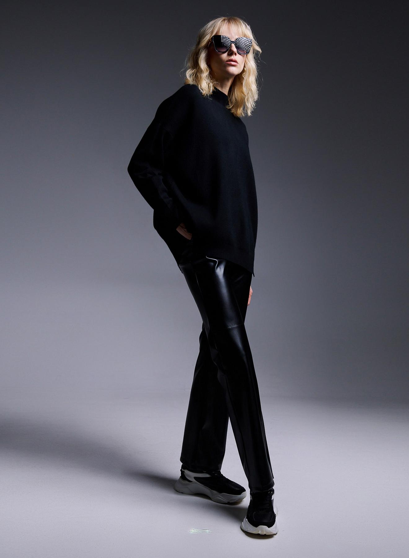 Eco leather straight fitted trousers with belt - 4