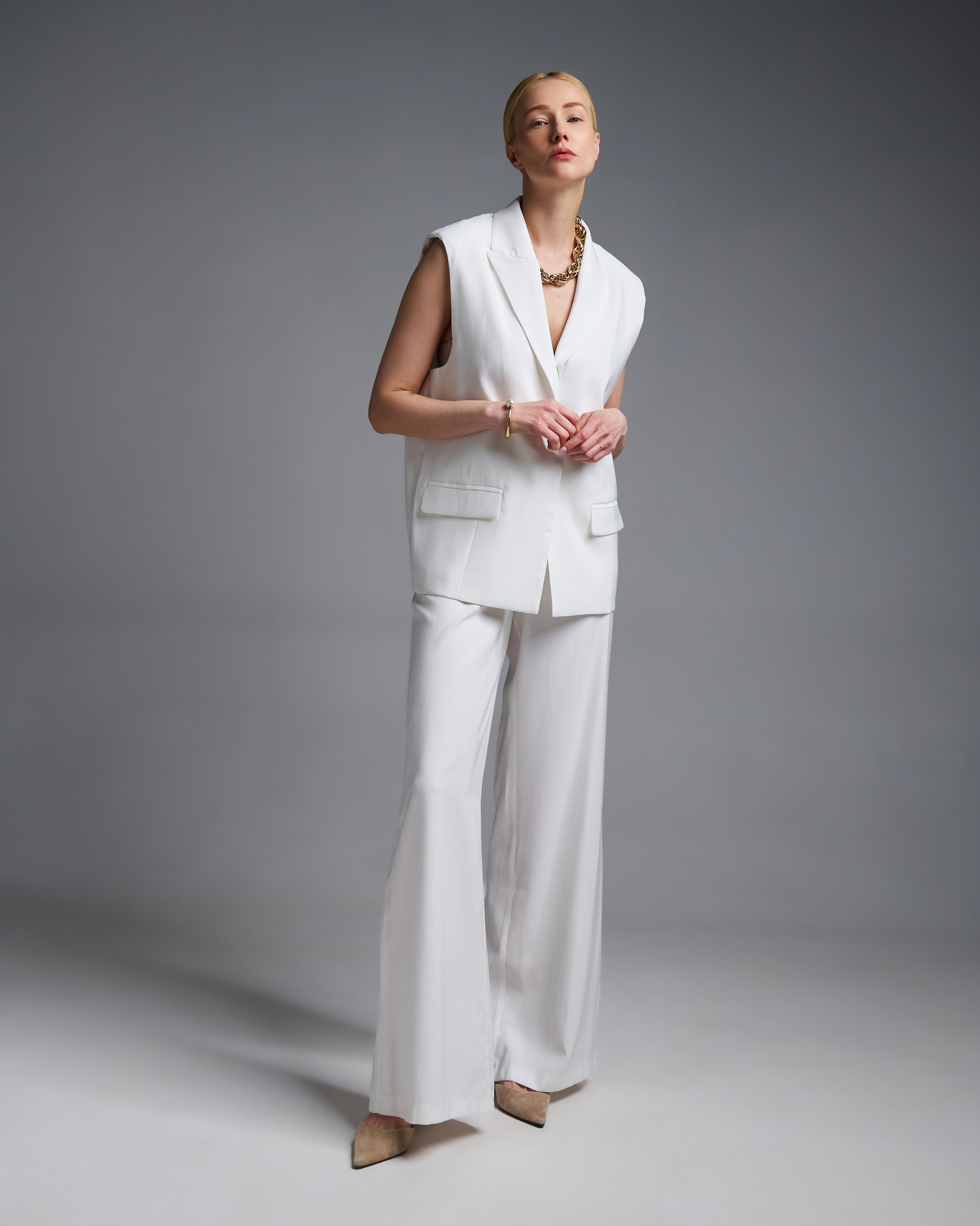 Λευκό μακρύ Γιλέκο με γιακά και με ένα κουμπί Vicolo - 0