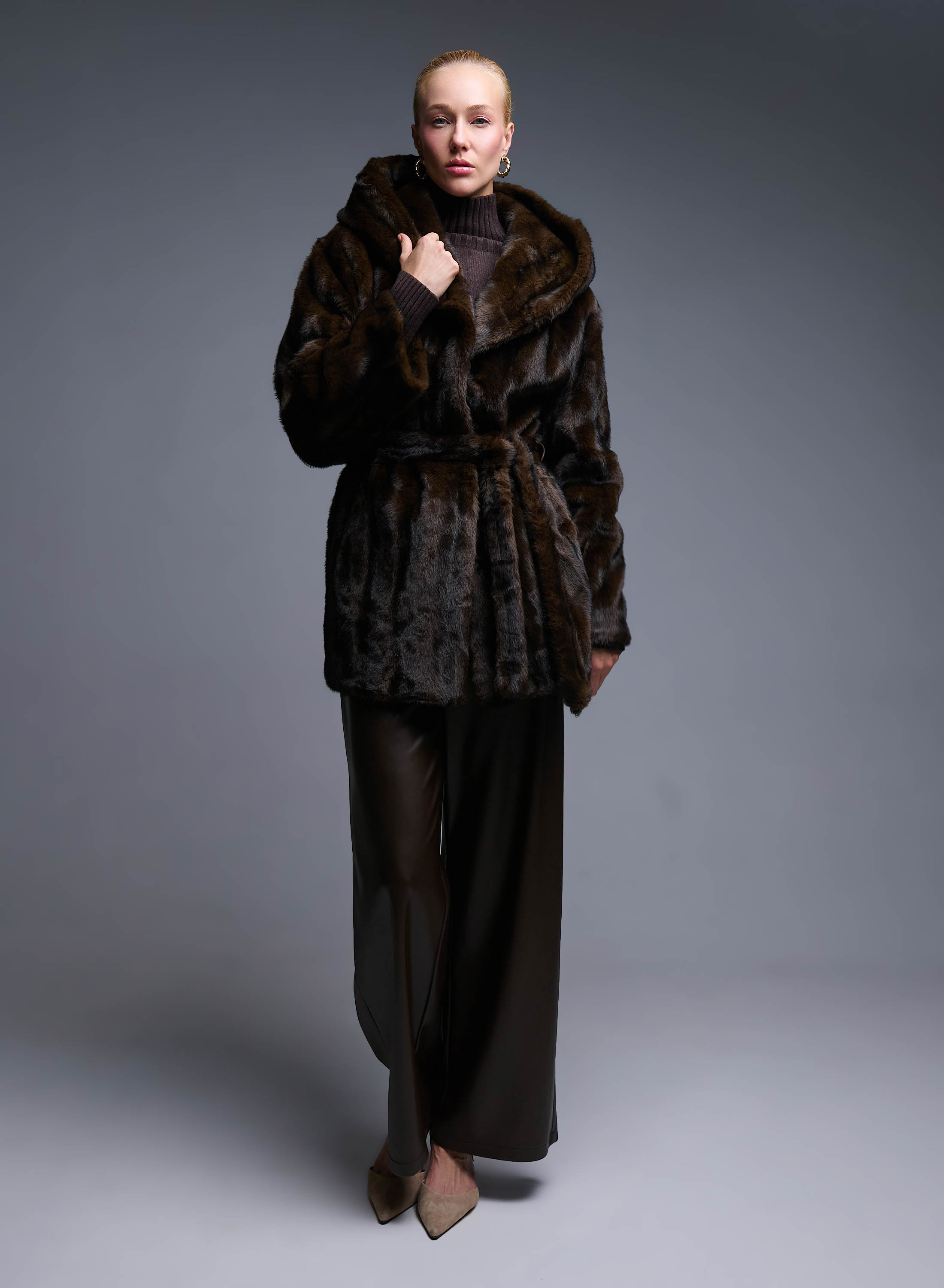 Brown eco fur hooded Coat with belt Bright - 0