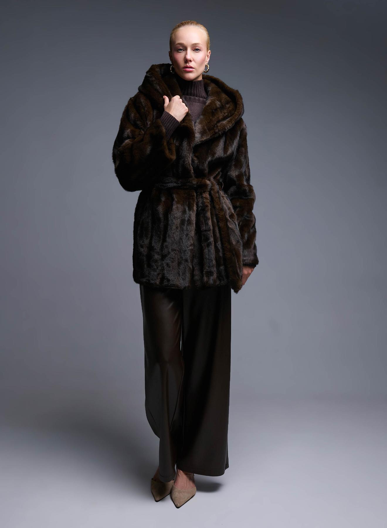 Brown eco fur hooded Coat with belt Bright - 1