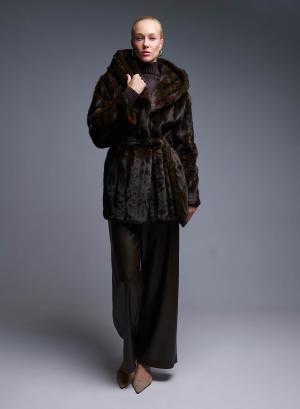 Brown eco fur hooded Coat with belt Bright - 49756