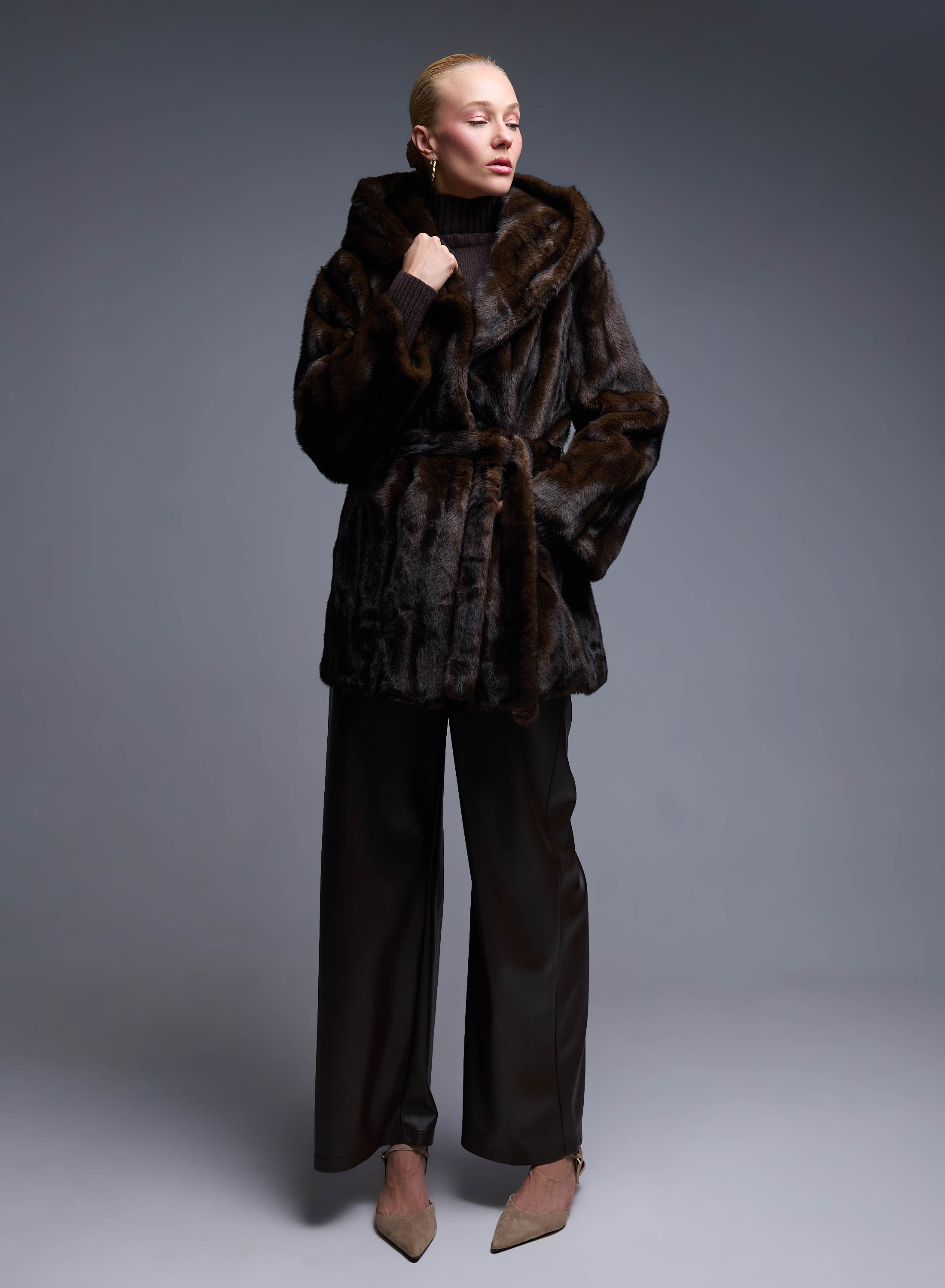 Brown eco fur hooded Coat with belt Bright - 1