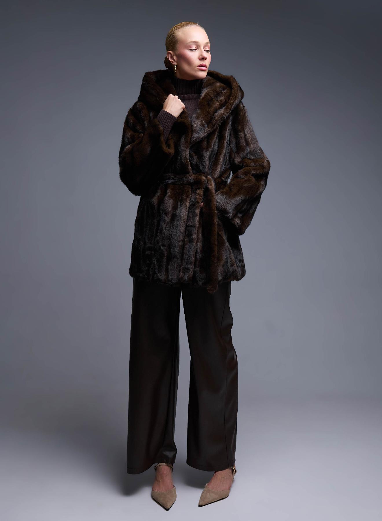 Brown eco fur hooded Coat with belt Bright - 2