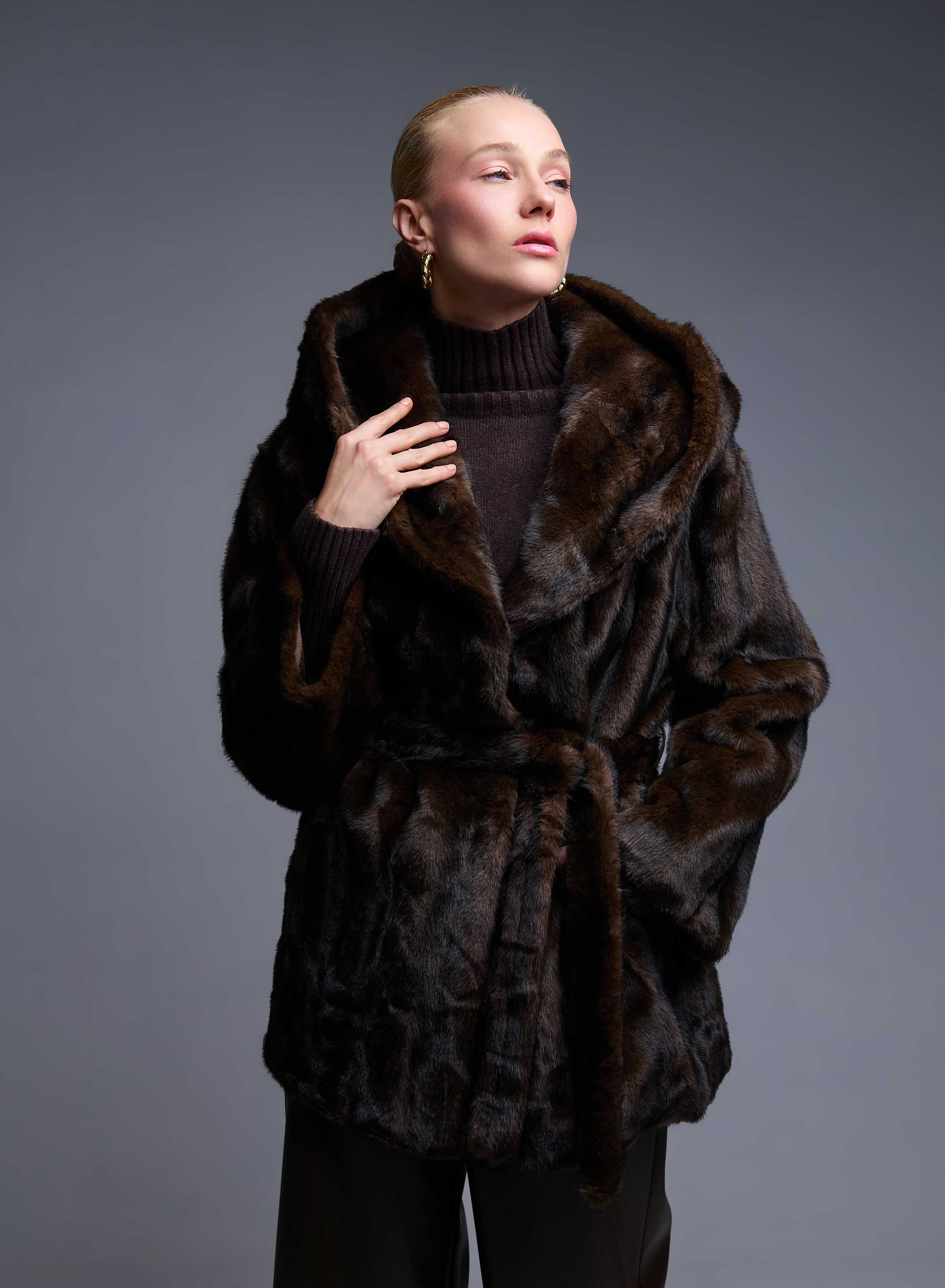 Brown eco fur hooded Coat with belt Bright - 2