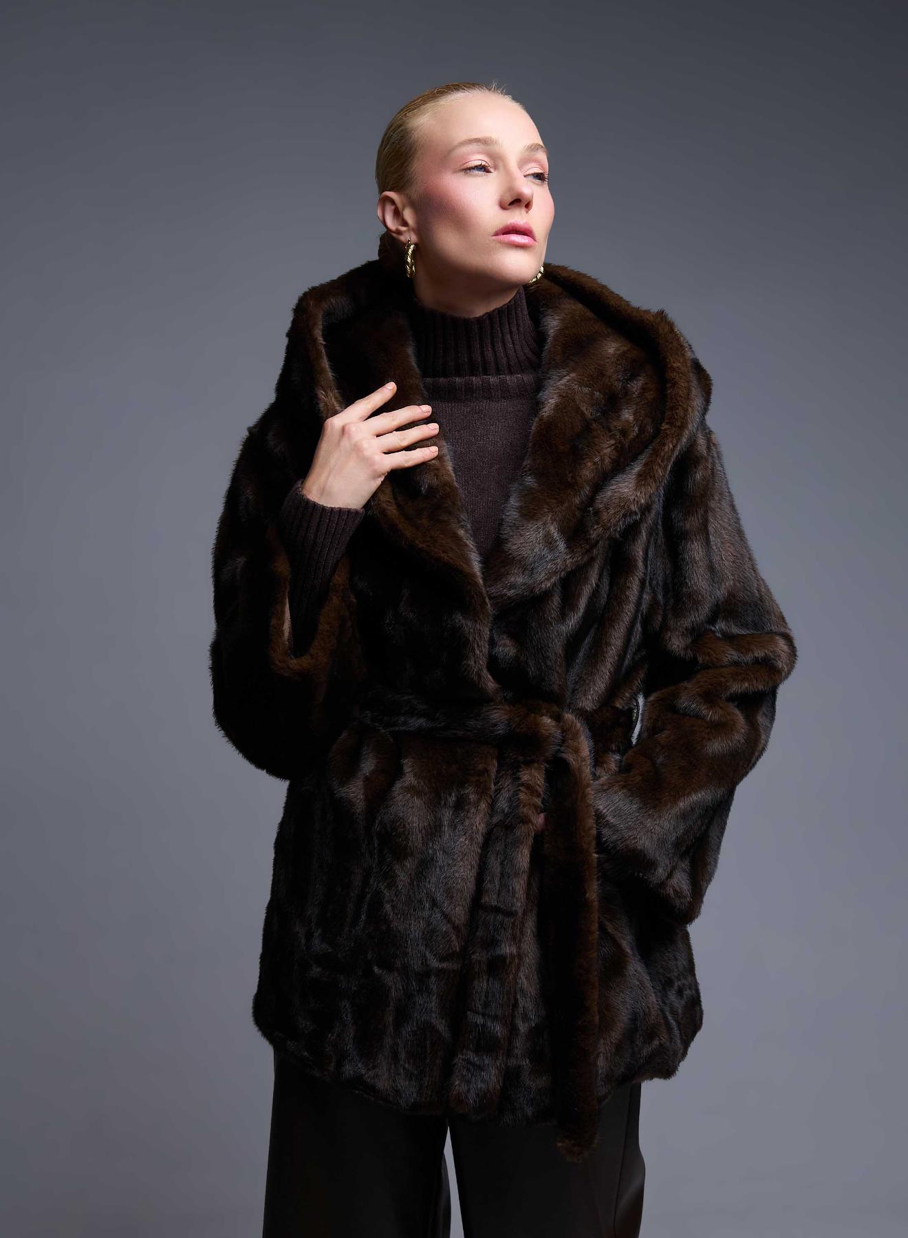 Brown eco fur hooded Coat with belt Bright - 3