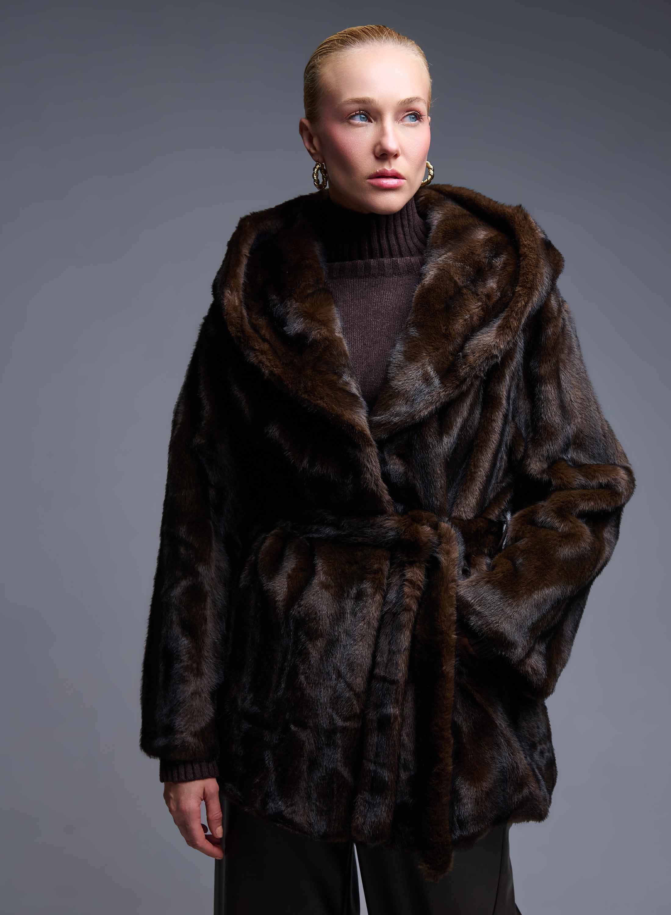 Brown eco fur hooded Coat with belt Bright - 5