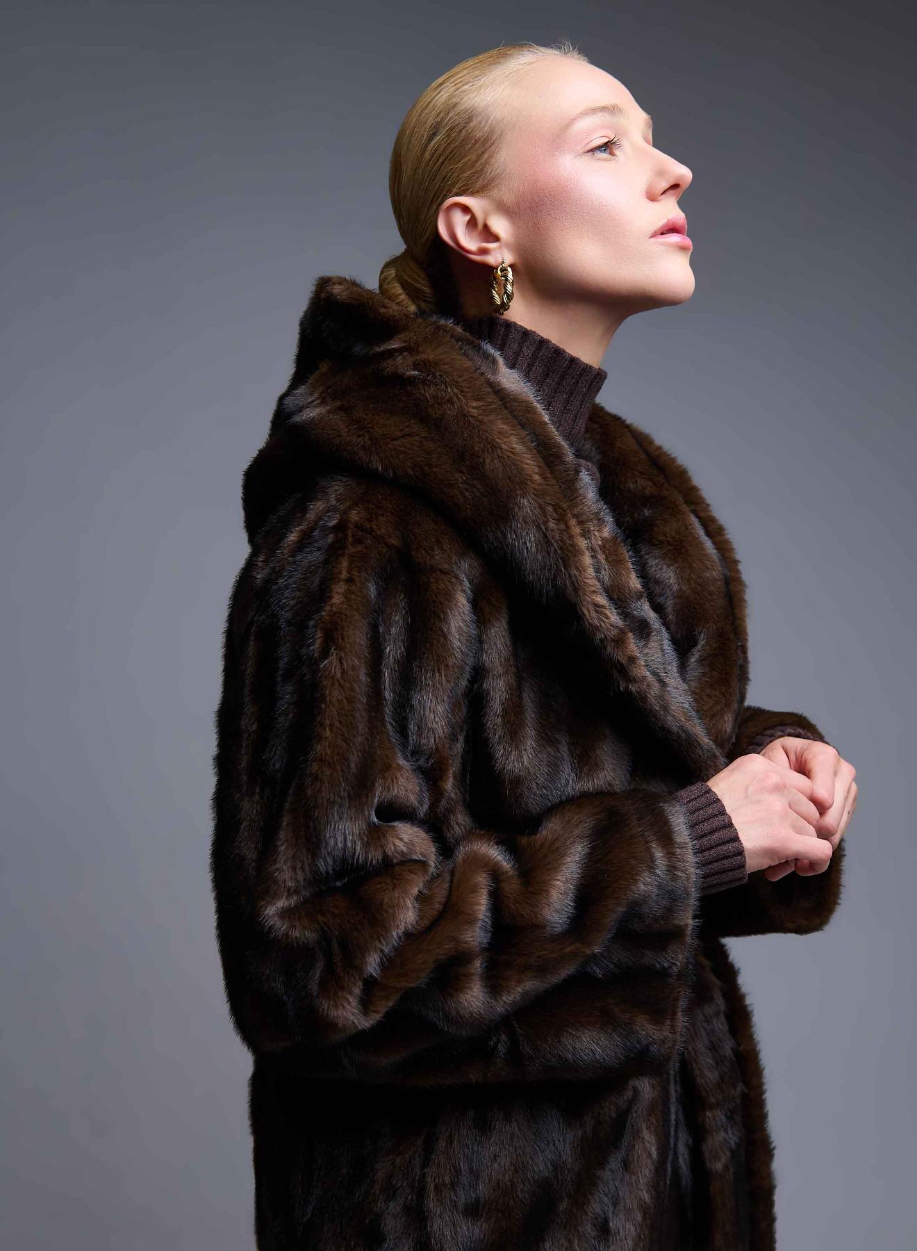 Brown eco fur hooded Coat with belt Bright - 4
