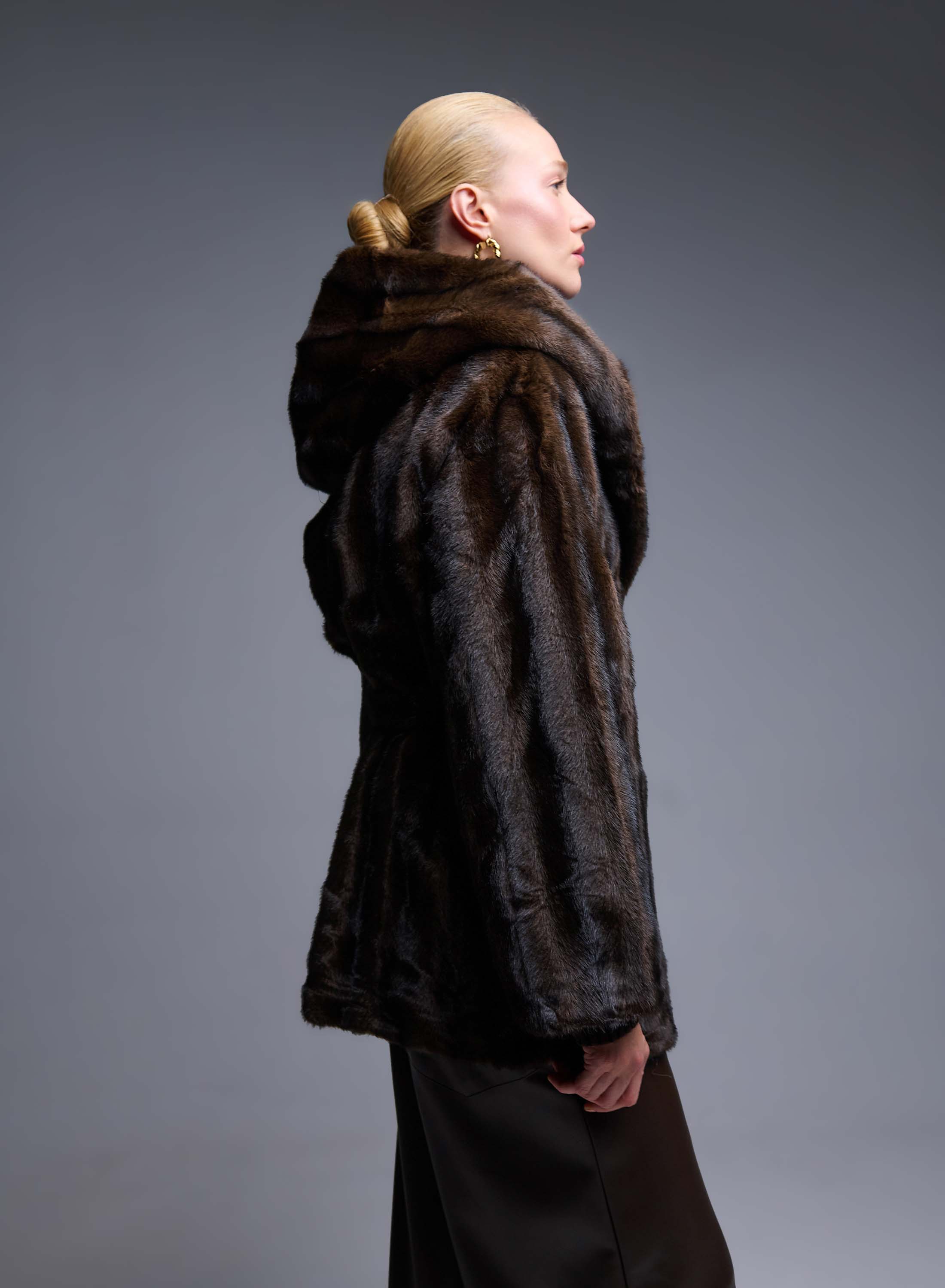Brown eco fur hooded Coat with belt Bright - 4