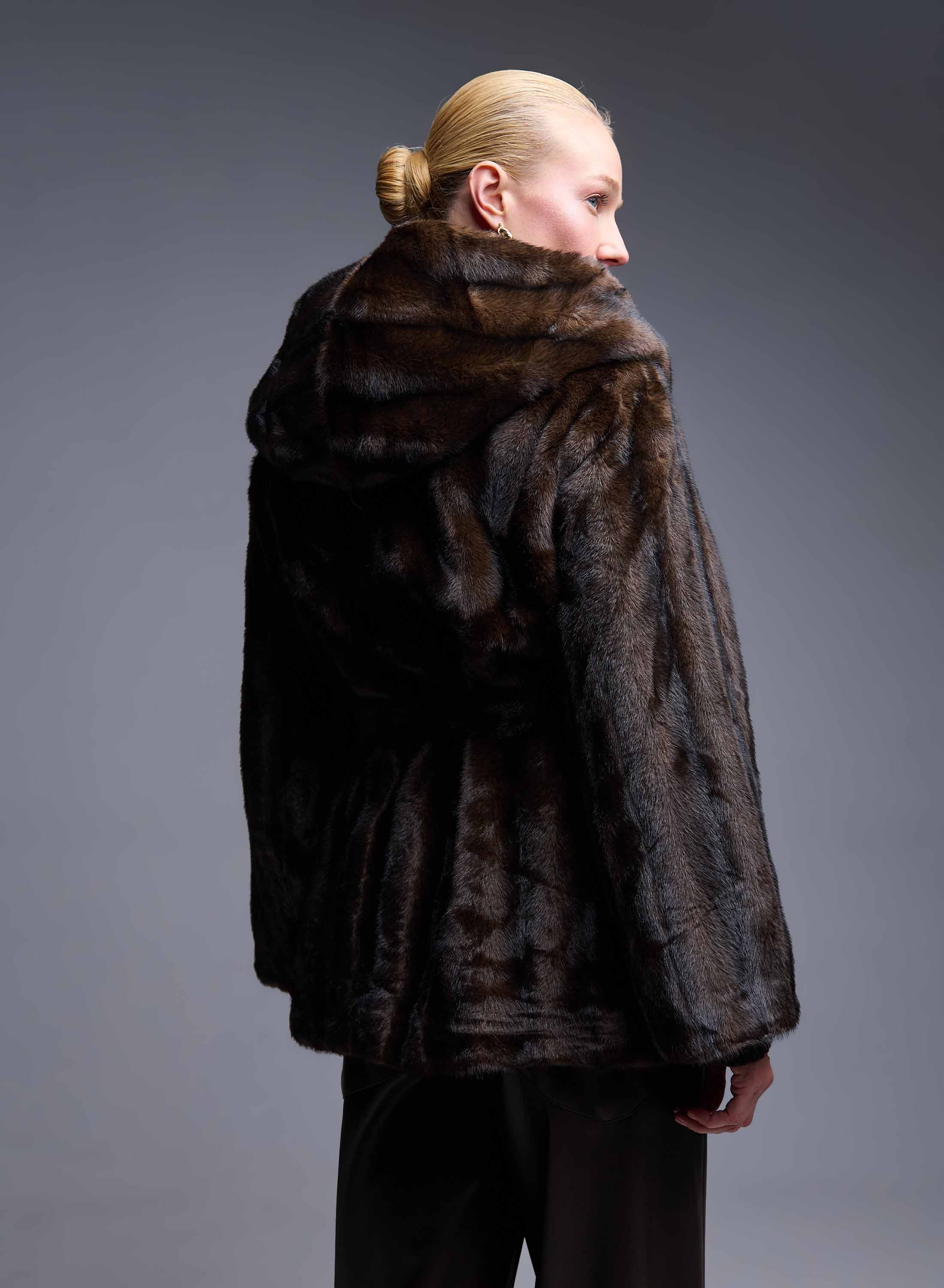 Brown eco fur hooded Coat with belt Bright - 6