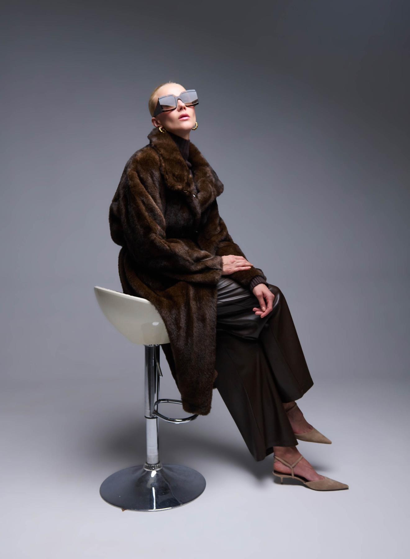 Brown eco fur long Coat with belt Bright - 3