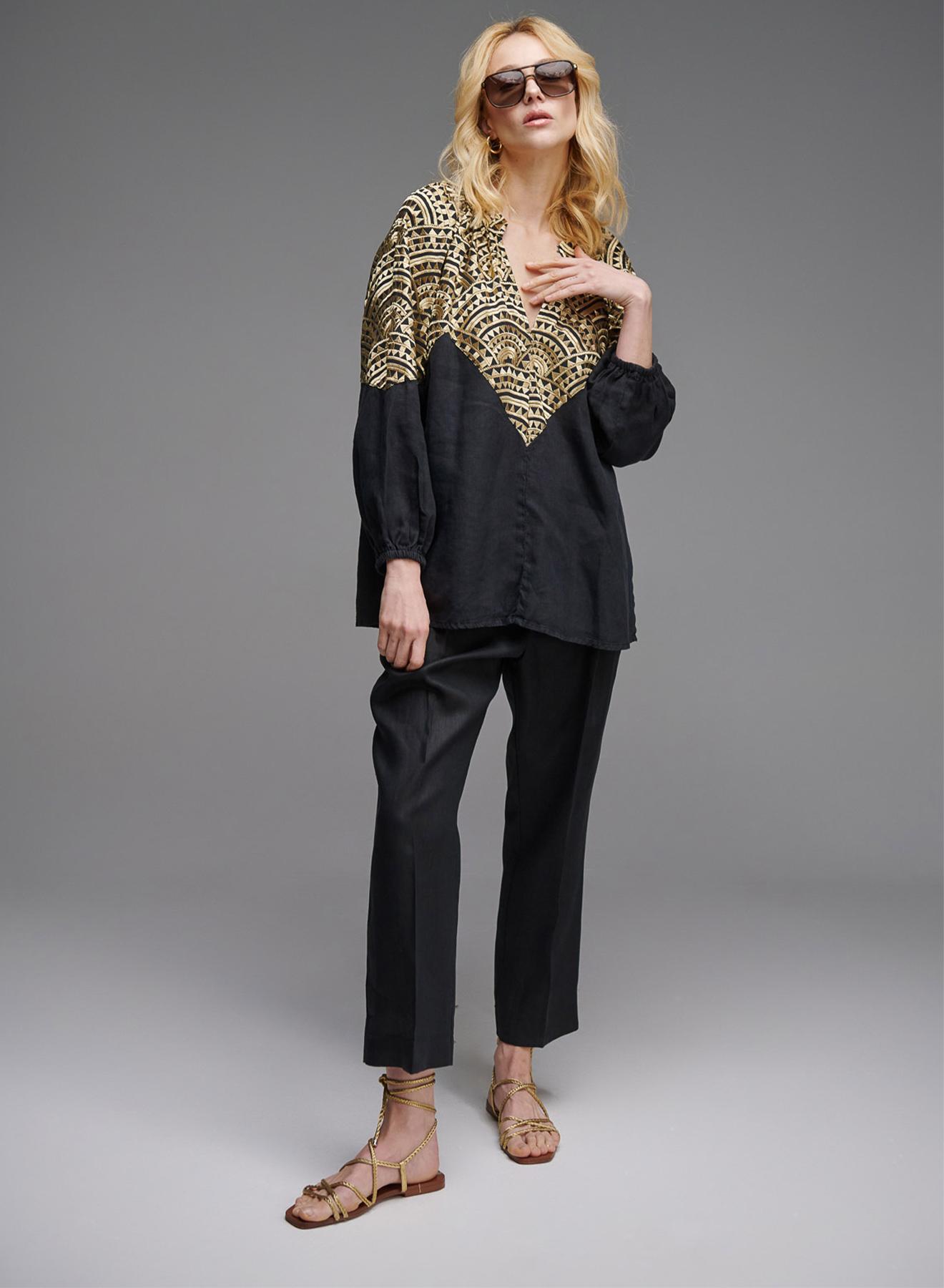 Black-Gold new All Over Linen Blouse with puffy long sleeves and with V neckline Greek Archaic Kori - 5