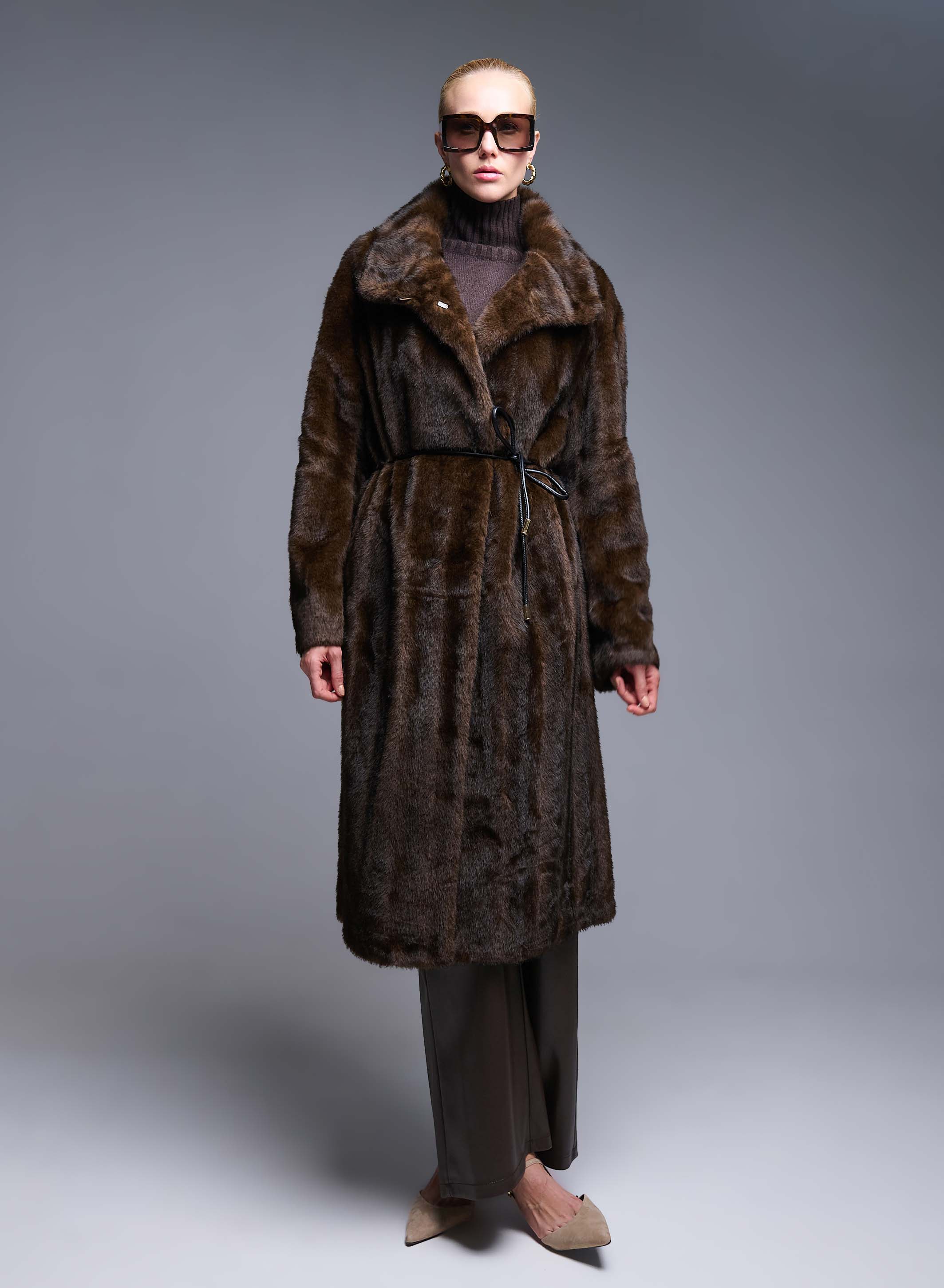 Brown eco fur long Coat with belt Bright - 0