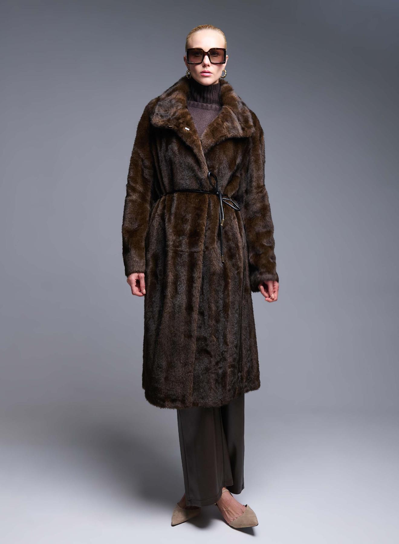 Brown eco fur long Coat with belt Bright - 1