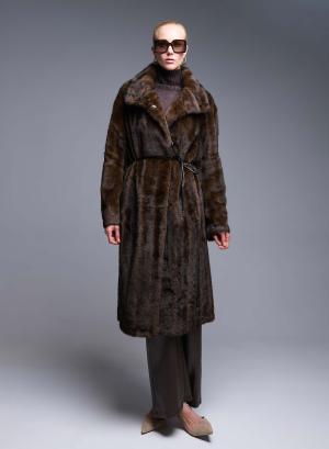 Brown eco fur long Coat with belt Bright - 49759