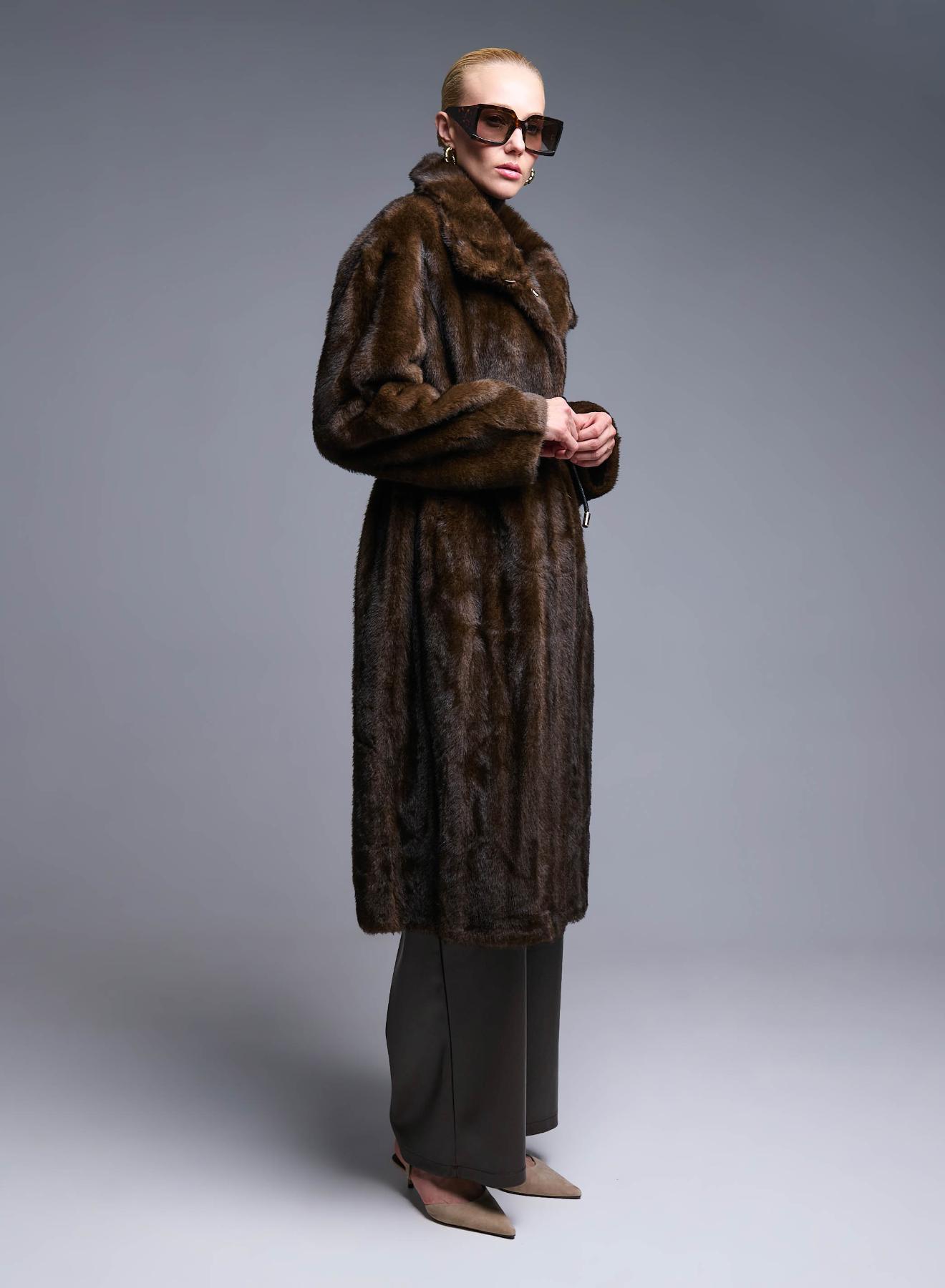 Brown eco fur long Coat with belt Bright - 2