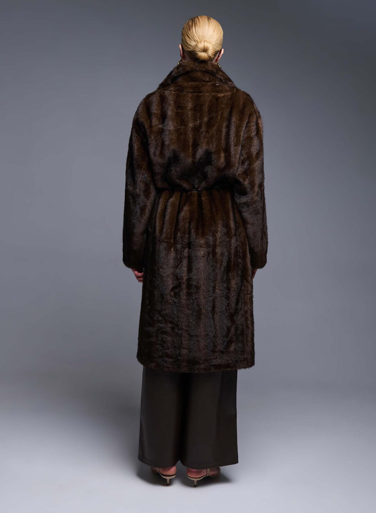 Brown eco fur long Coat with belt Bright - 4