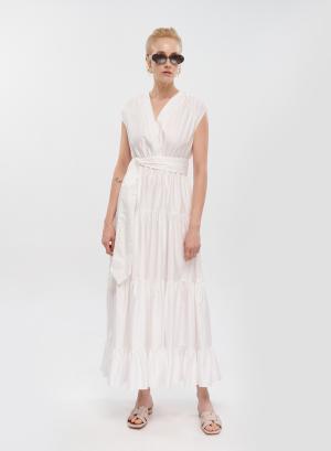 Λευκό μακρύ αμάνικο Φόρεμα ποπλίνα με ζώνη "FAIDRA" Devotion Twins - 33752
